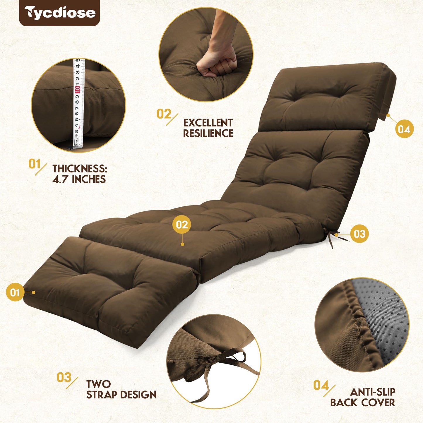 Tycdiose Waterproof Outdoor Chaise Lounge Chair Cushion 74.4 x 22 x 4.7 Inches Memory Foam Lounge Chair Cushions for Outdoor Furniture with Ties, Thickened Pool Chaise Lounge Chair Cushions, Brown