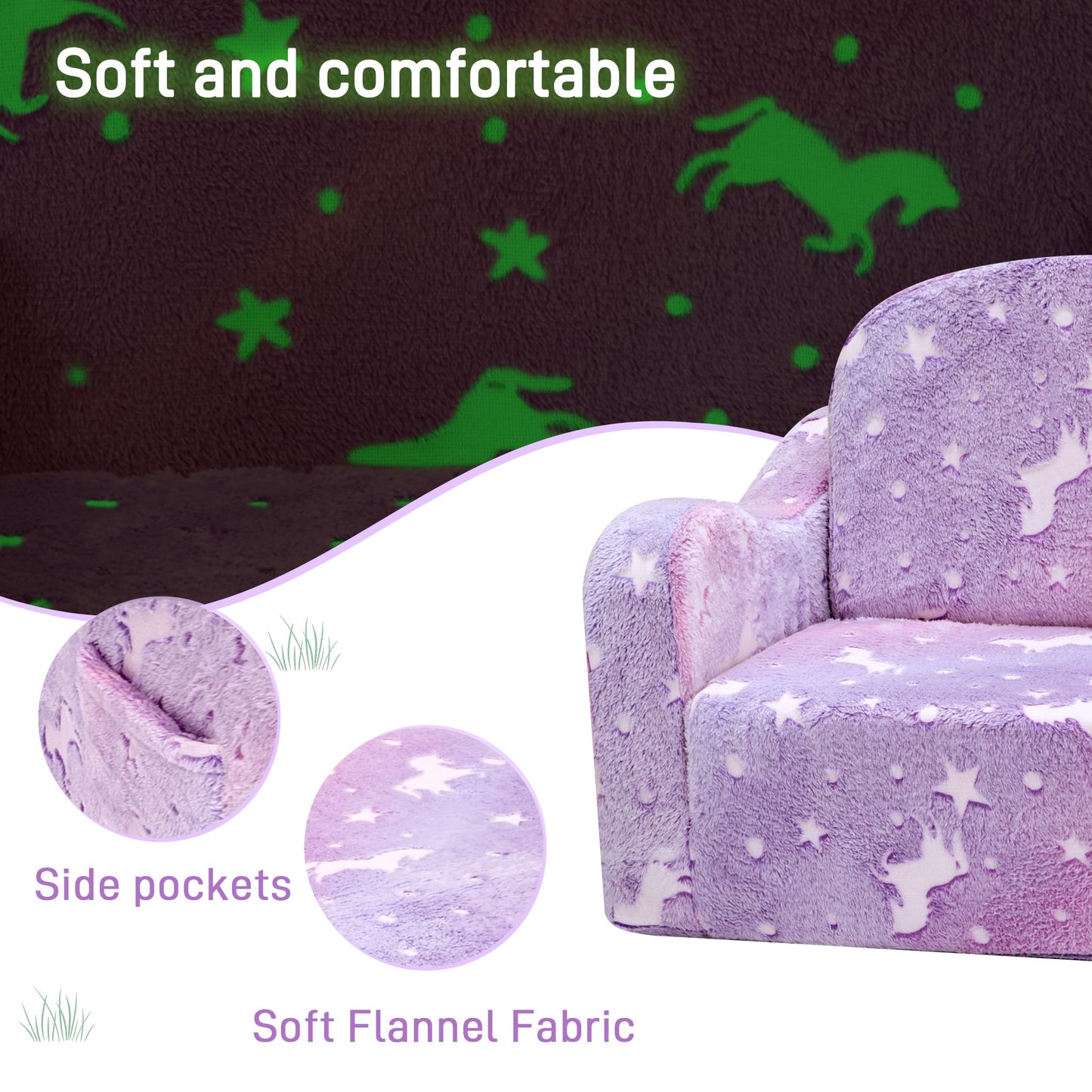 aodisman Thick Comfy Kids Chair and Couch, 2-in-1 Soft Foldable Plush Kids Sofa, Foam Seating for Reading and Play, Removable Washable Cover,Purple Pony