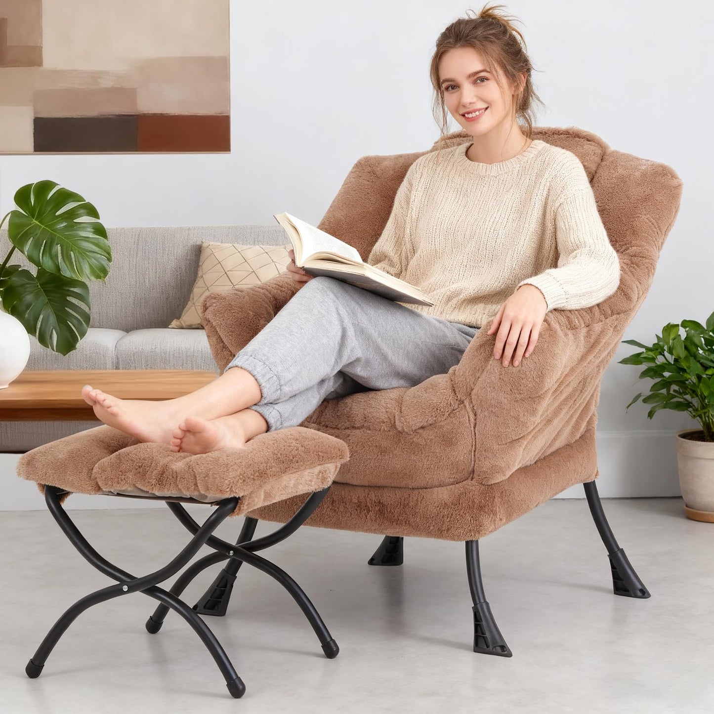SESHINELL Lazy Chair with Ottoman, Modern Accent Chair Lounge Leisure Sofa Chair with Armrests, Reading Chair and Folding Footstool for Living Room, Bedroom, Office, Plush Brown