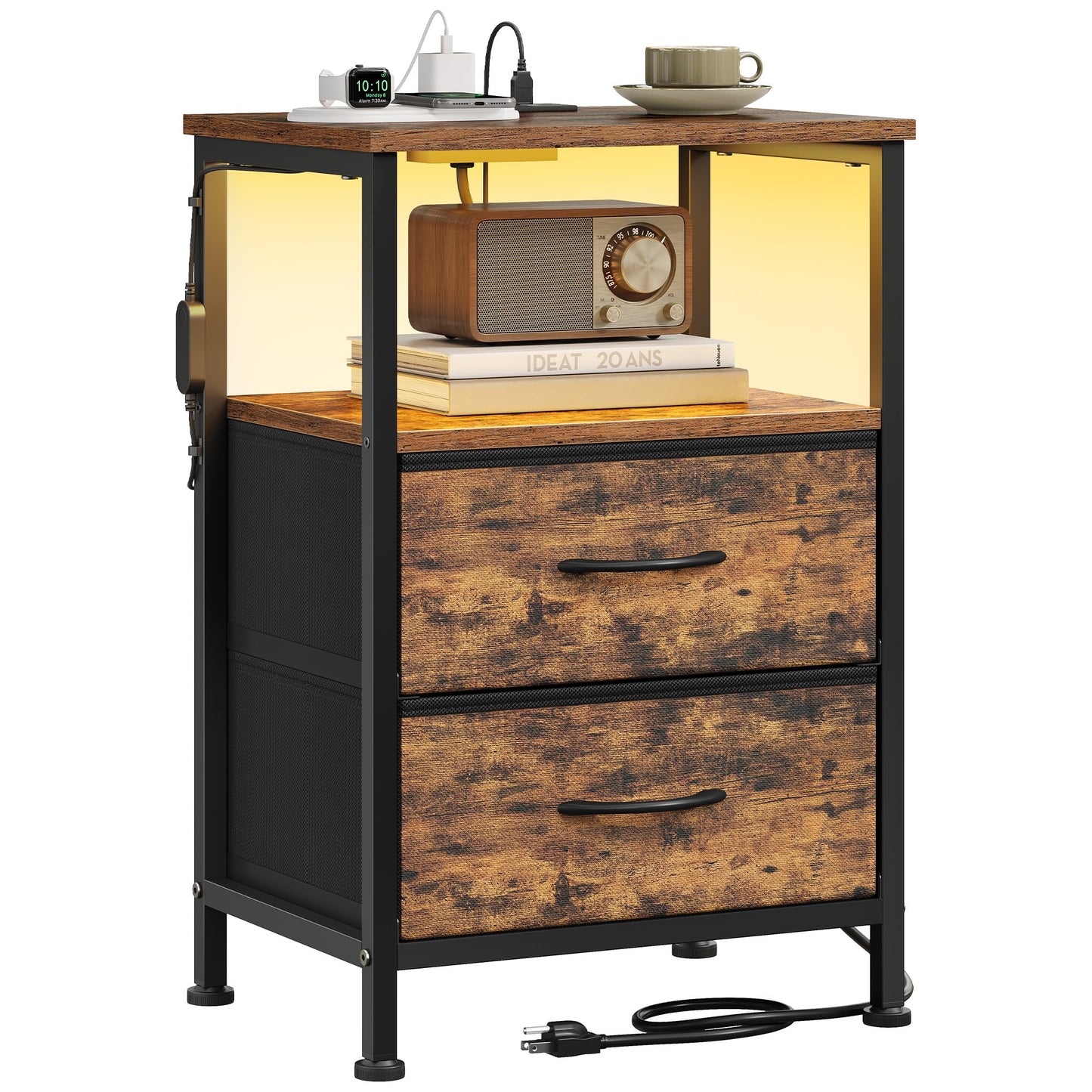 SONGMICS BELLAH Collection - Nightstand with Charging Station and App-Controlled Adjustable LED Lights, Bed Side Table, 2 Drawers and 1 Open Shelf, Bedroom, Rustic Brown and Ink Black ULGS302KD01S