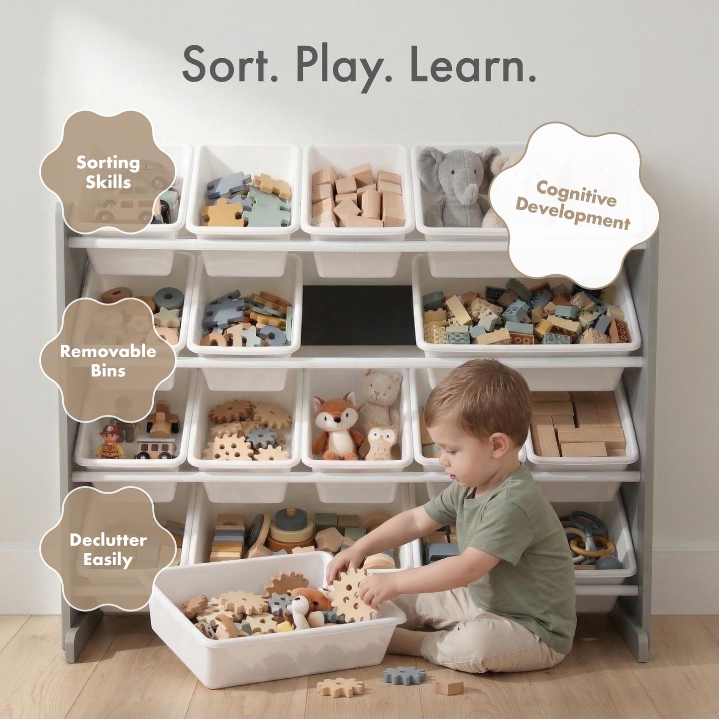 Humble Crew Toy Storage Organizer with 16 Removable Storage Bins for Kids Playroom, 4-Tier Toddler Toy Organization and Storage, Grey/White