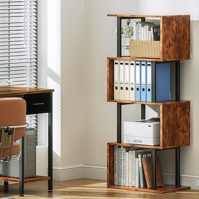 Furologee 5 Tier Bookshelf, S Shaped Geometric Bookcase, Narrow Freestanding