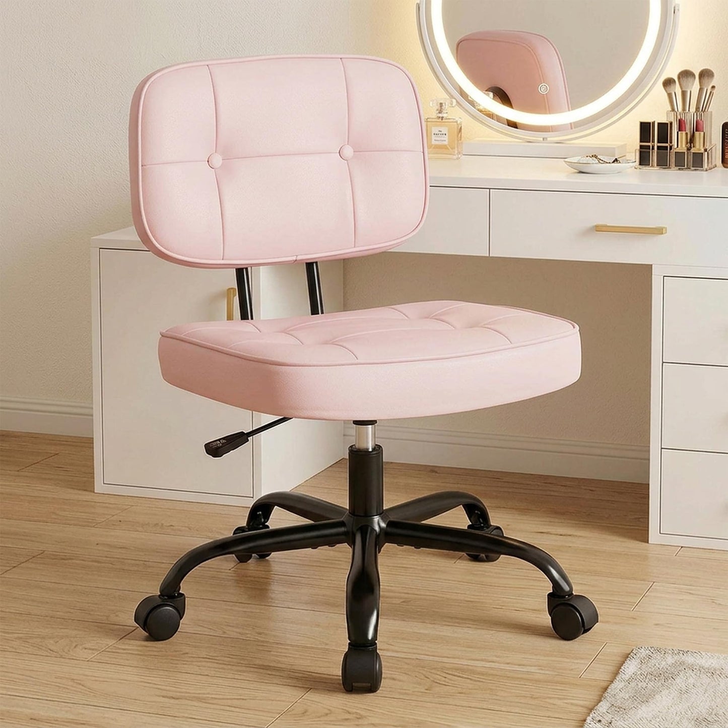 DUMOS Home Office Desk Chair - Ergonomic Armless PU Leather Computer Rolling Task Chair，with Comfy Lumbar Support and Height Adjustable, Vanity, Bedroom, Living Room, Pink