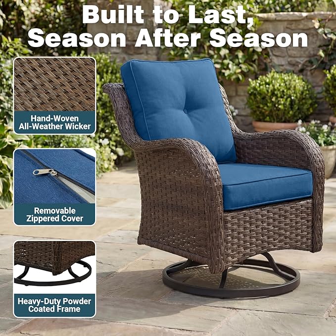 Patio Furniture Set, High Back Rattan Sofa & Swivel Rocker Chairs, Weather