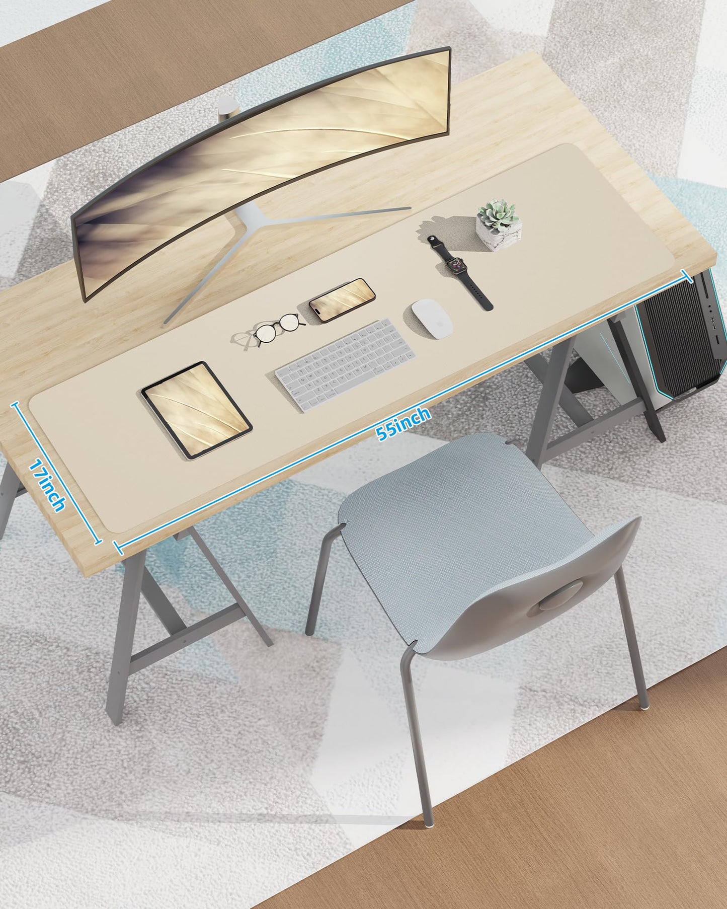 AFIING Leather Desk Pad Protector, Mouse Pad, Office Desk Mat, Non-Slip PU Leather Desk Blotter, Large Desk Mat, Waterproof Keyboard Mat for Office/Home/Decor (Beige, 55" x 17")