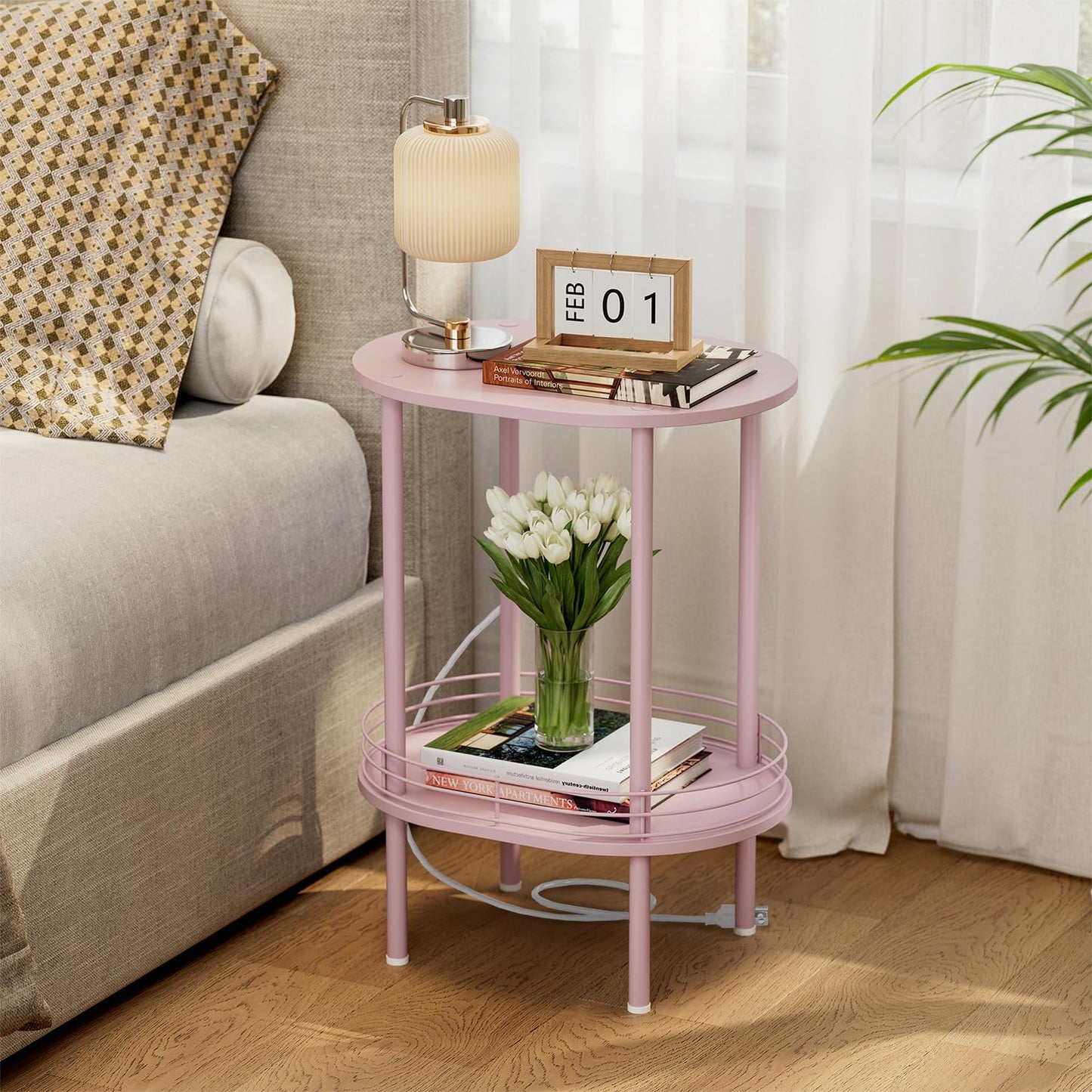 DGSANDGO Pink Side Table with Charging Station,Side Tables Living Room,Nightstand with USB Ports and Outlets,Samll End Table for Small Space,Living Room,Bedroom, Nursery,(1PC,Pink)