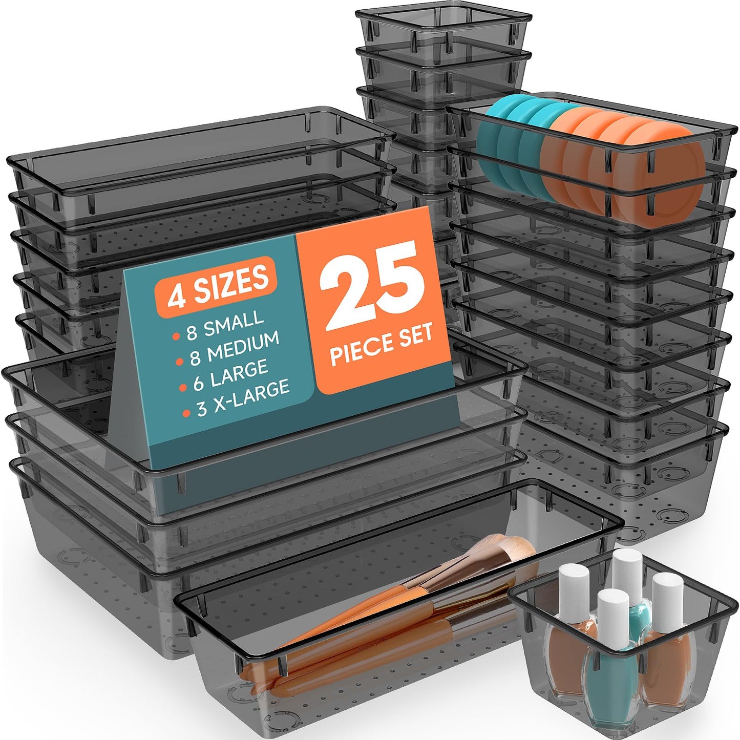 SpaceHacks 25 PCS Plastic Drawer Organizer Set, 4-Size Versatile Organizer Tool Trays & storage Bins for Makeup, Jewelry, and Gadgets in Bathroom, Bedroom and Office,Clear Black