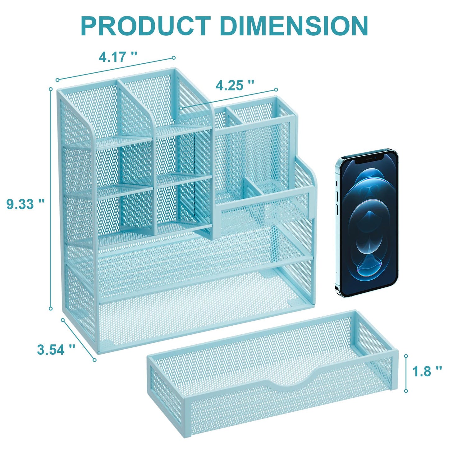 Marbrasse Mesh Pen Holder for Desk, Multi-Functional Pencil Organizer with Drawer, Desk Organizers and Accessories for Office Art Supplies (Blue)