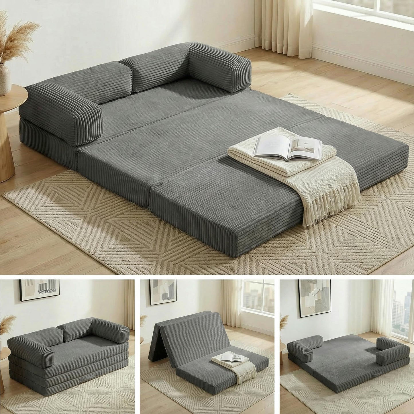 NLDD Convertible Sofa Bed King,5-in-1 Folding Boneless Couch Corduroy Futon Sofa Bed,Tri-Fold Mattress with Removable Armrests & Handle,Sleeper with Pull Out Bed for Small Space Living Room Bedroom