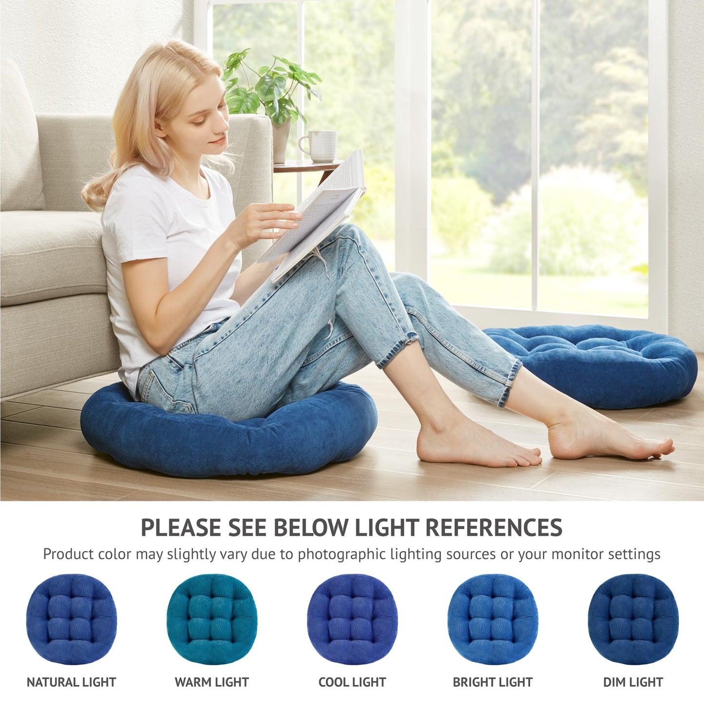 Degrees of Comfort Floor Cushion 6 Pack for Meditation, Home Office & Dorm – Corduroy Soft Seating Set, 22 Inch, High-Density Foam, Round Shape, Navy