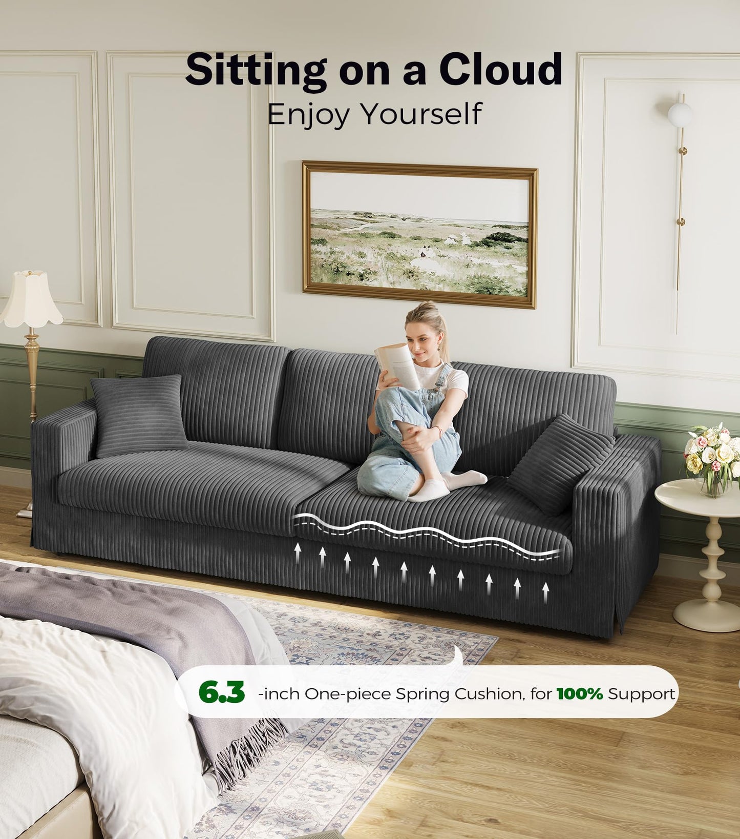 Welzona Plush Corduroy Couch, 101" Comfy Couches for Living Room, Tool-Free Setup Sofas for Living Room 6.3" Extra Wide Armrest, All-Wood Loveseat Sofa Couch for Bedroom/Office, 2 Pillow, Classic Grey