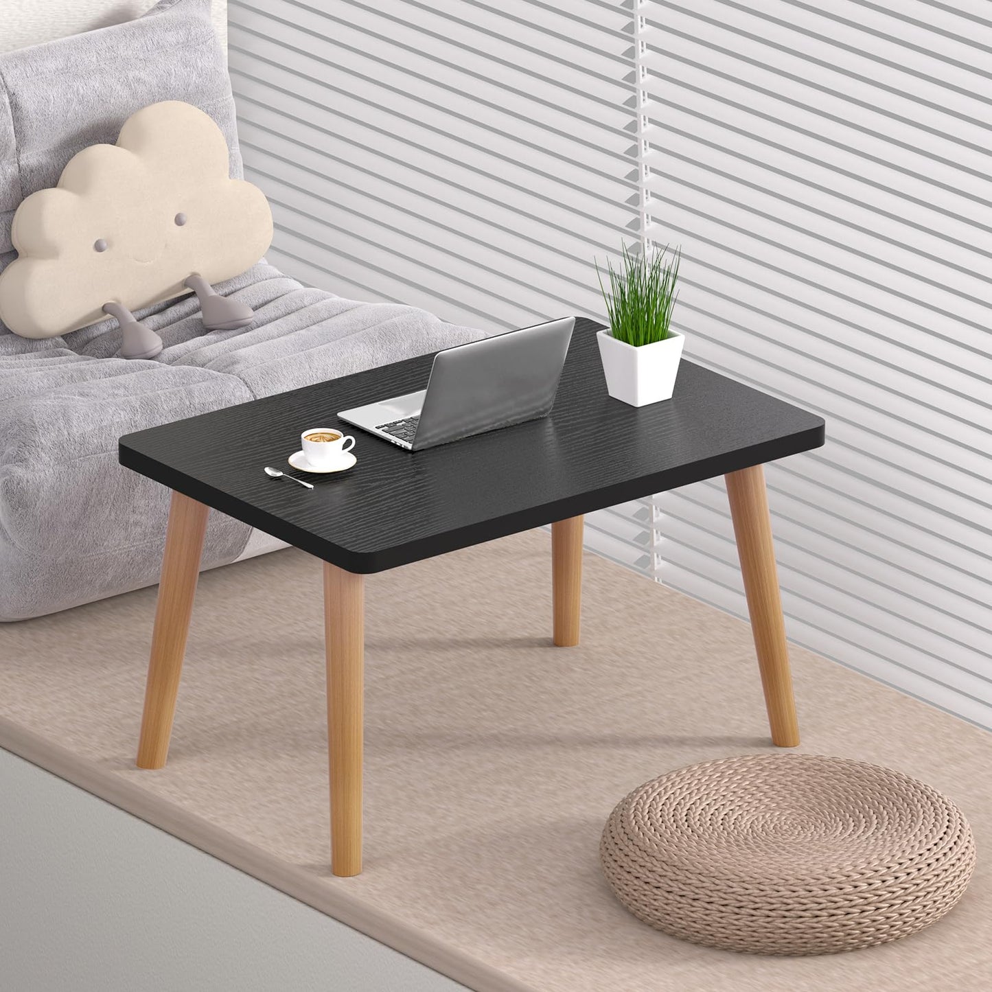Coffee Table, 23.6" Small Oval Coffee Tables for Small Space with 4 Solid Wood Leg, Floor Table Desk for Sitting on The Floor, Side Table Japanese Low Table for Living Room Apartment, Rectangle Black