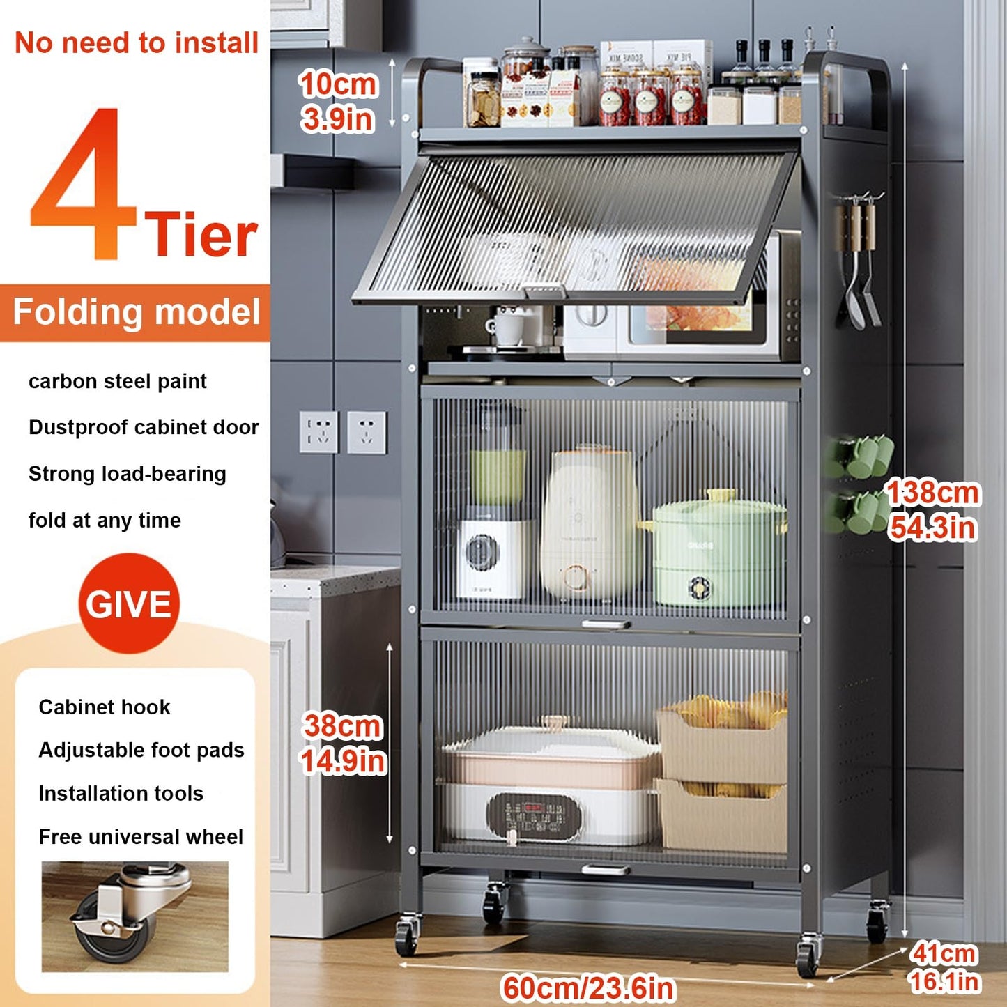 4-Tier Microwave Stand, Kitchen Storage Cabinet with Transparent Flip Door, Space-Saving Bakers Rack for Home, Office, Pantry - Black, 60cm/24in