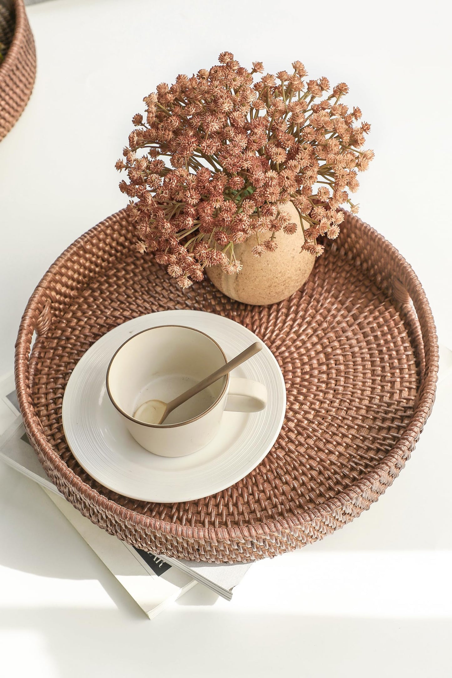 HITOMEN 11.8" Hand-Woven Round Rattan Serving Tray Decorative Wicker Trays with Handles for Coffee Table (Warm Brown-M)