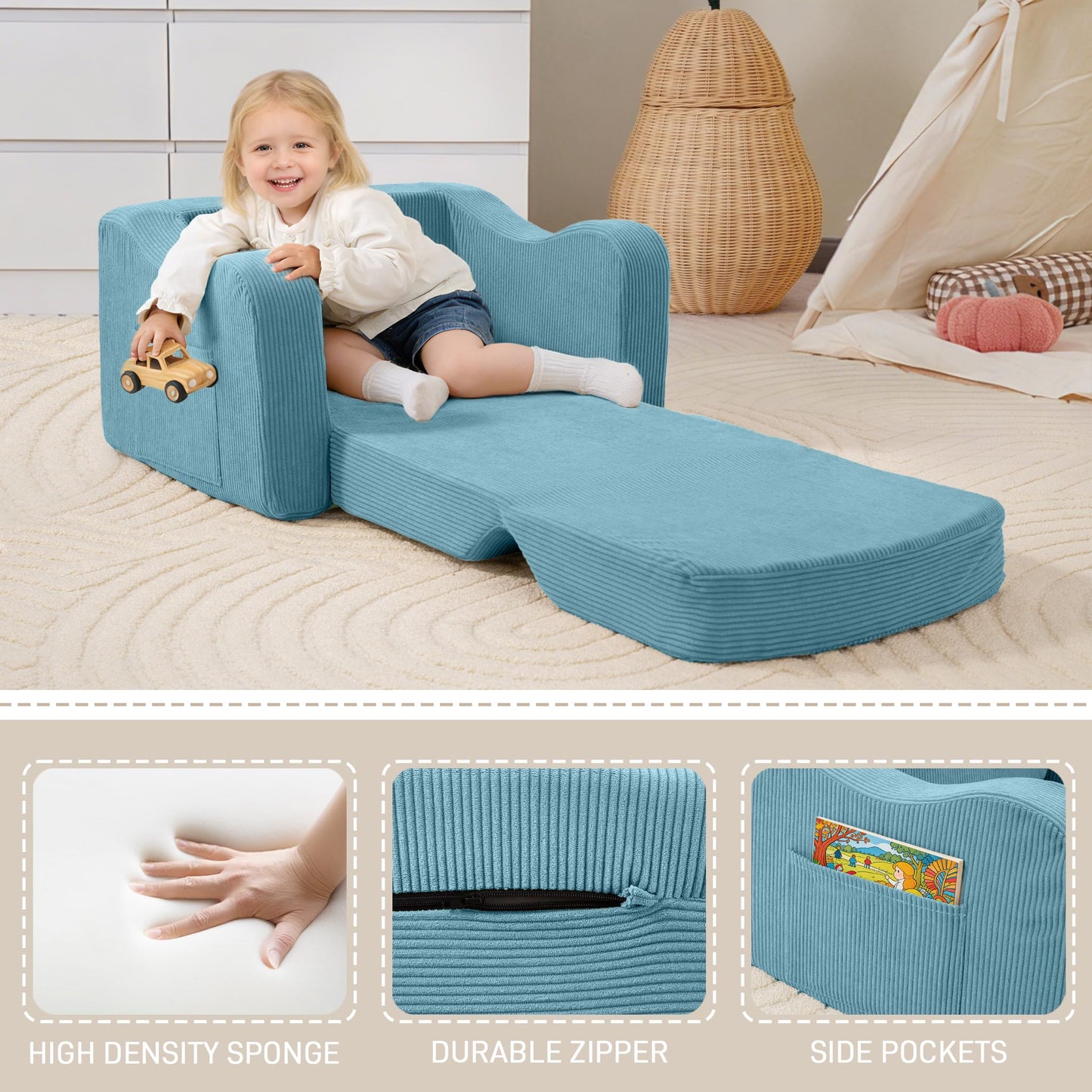 aodisman 2-in-1 Kids Chair and Couch, Thick Cozy Corduroy Kids Sofa, Convertible Foam Seating for Reading, Playing, Removable Washable Cover,Blue
