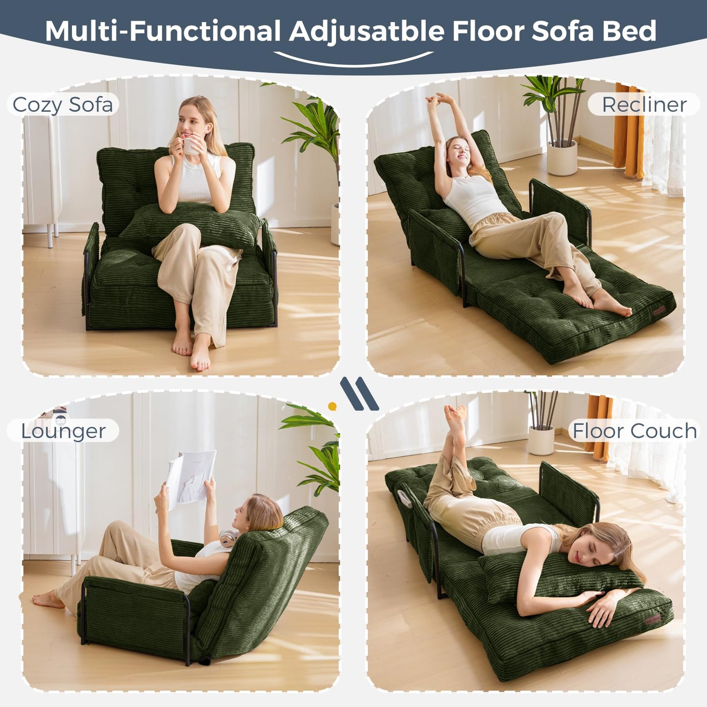 MAXYOYO Adjustable Floor Sofa Couch with Pillow, Multi-Functional Bean Bag Bed, 5-Position Foldable Lazy Sofa Bed with Armrest, Versatile Floor Seating for Reading, Dark Green, Single