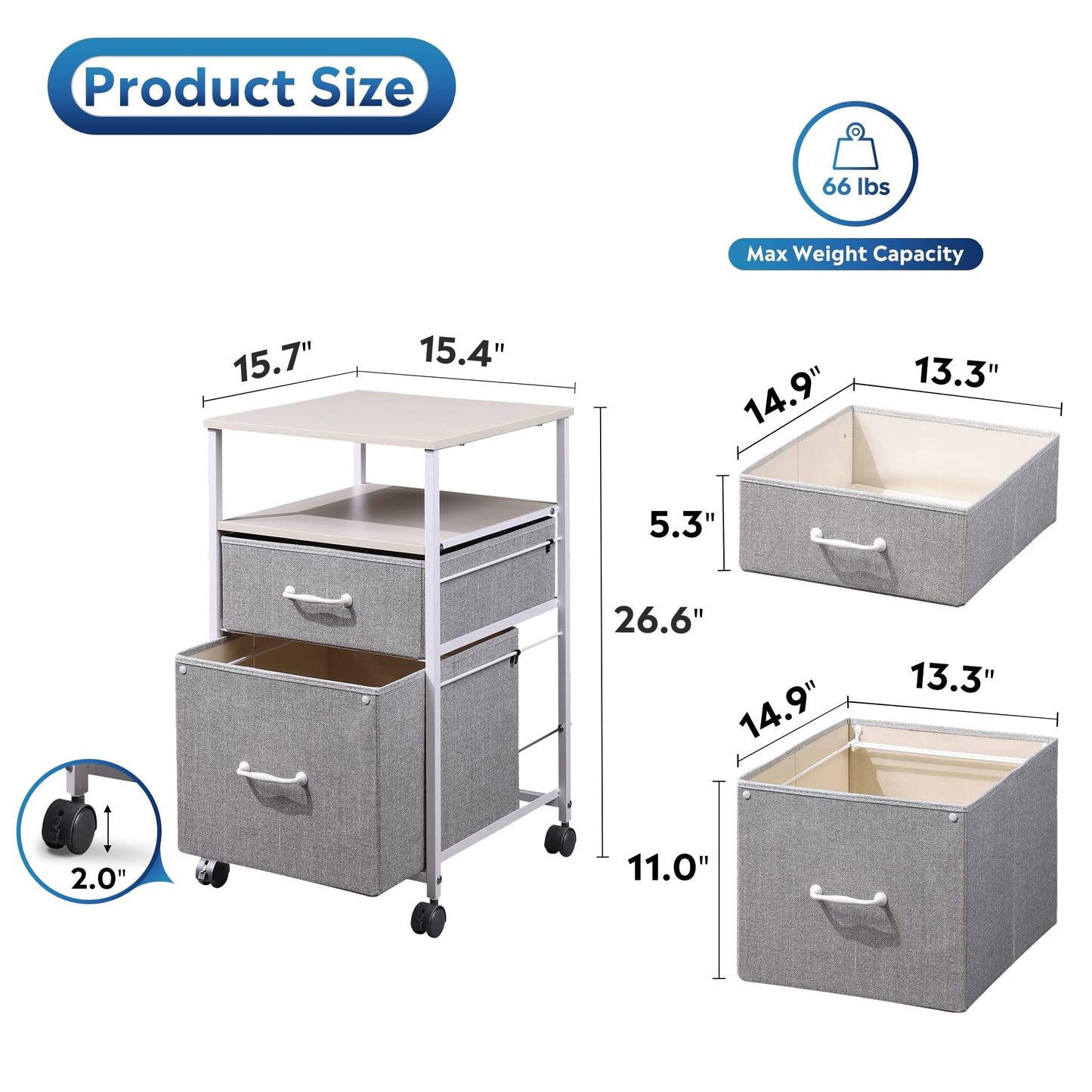 DEVAISE 2 Drawer Mobile File Cabinet, Rolling Printer Stand with Open Storage Shelf, Fabric Vertical Filing Cabinet fits A4 or Letter Size for Home Office, Light Grey