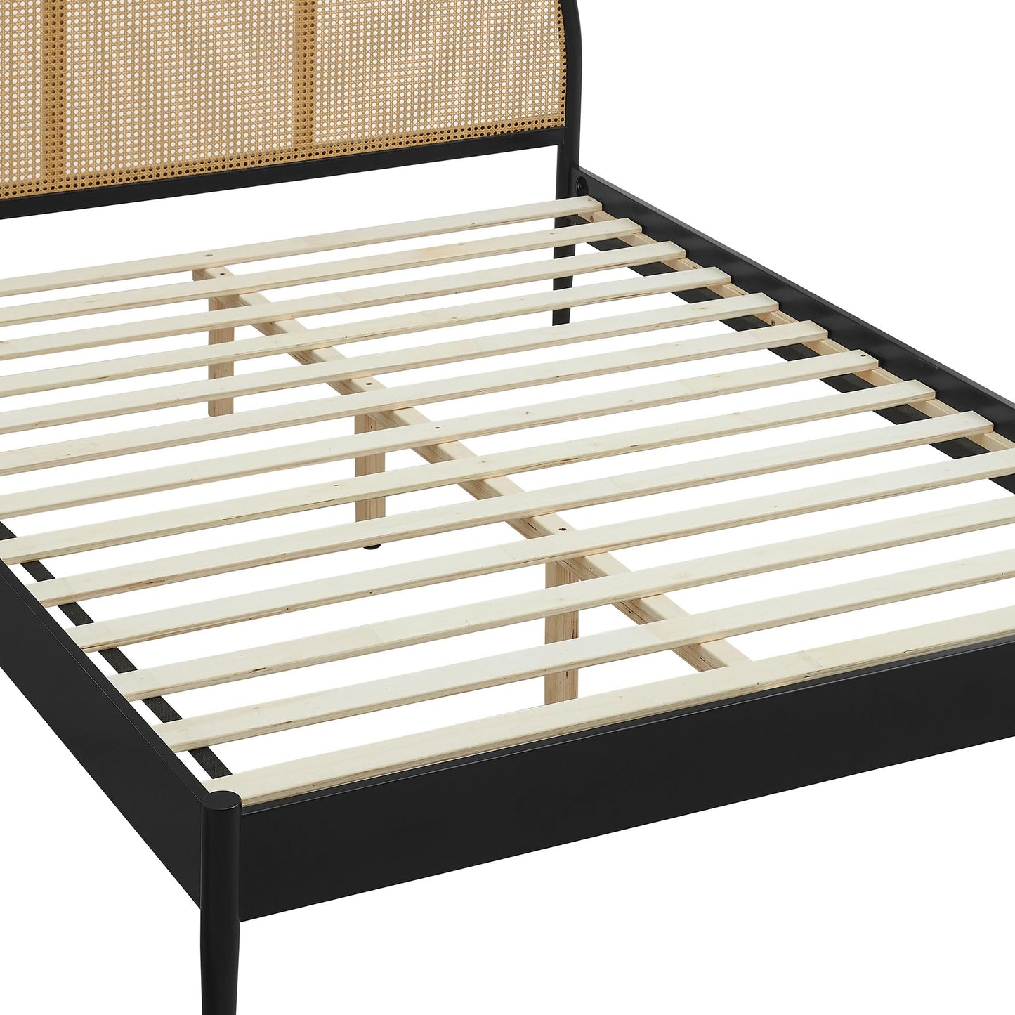 Modway Odette Arched Queen Platform Bed in Black with Rattan Cane Headboard – Wooden Queen Half Moon Bed Frame – Mid-Century Modern Queen Size Platform Bed Frame