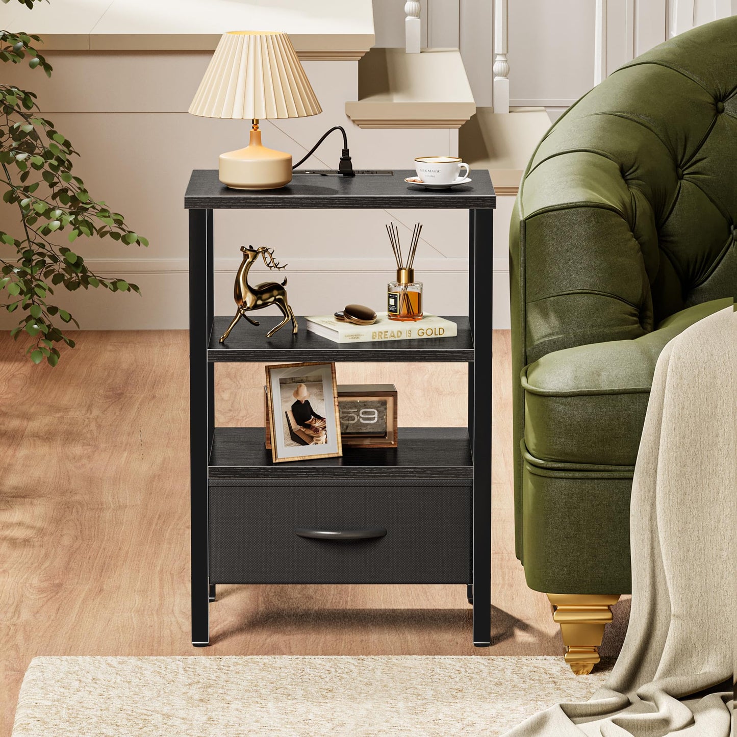 SUPERJARE Nightstand with Charging Station, Bed Side Table with Adjustable Fabric Drawer, Night Stand for Bedroom, 3-Tier Storage End Table, for Living Room, Black