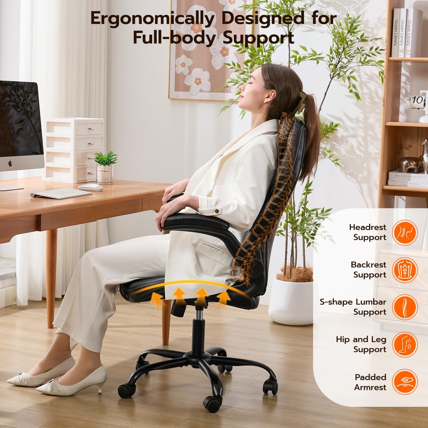 Ylzyxal Office Desk Chair, Ergonomic Computer Chair with Padded Flip-Up Arms and Adjustable Lumbar Support, PU Leather Executive Chair with Tilt Lock and 360° Swivel Rolling Wheels for Work, Study