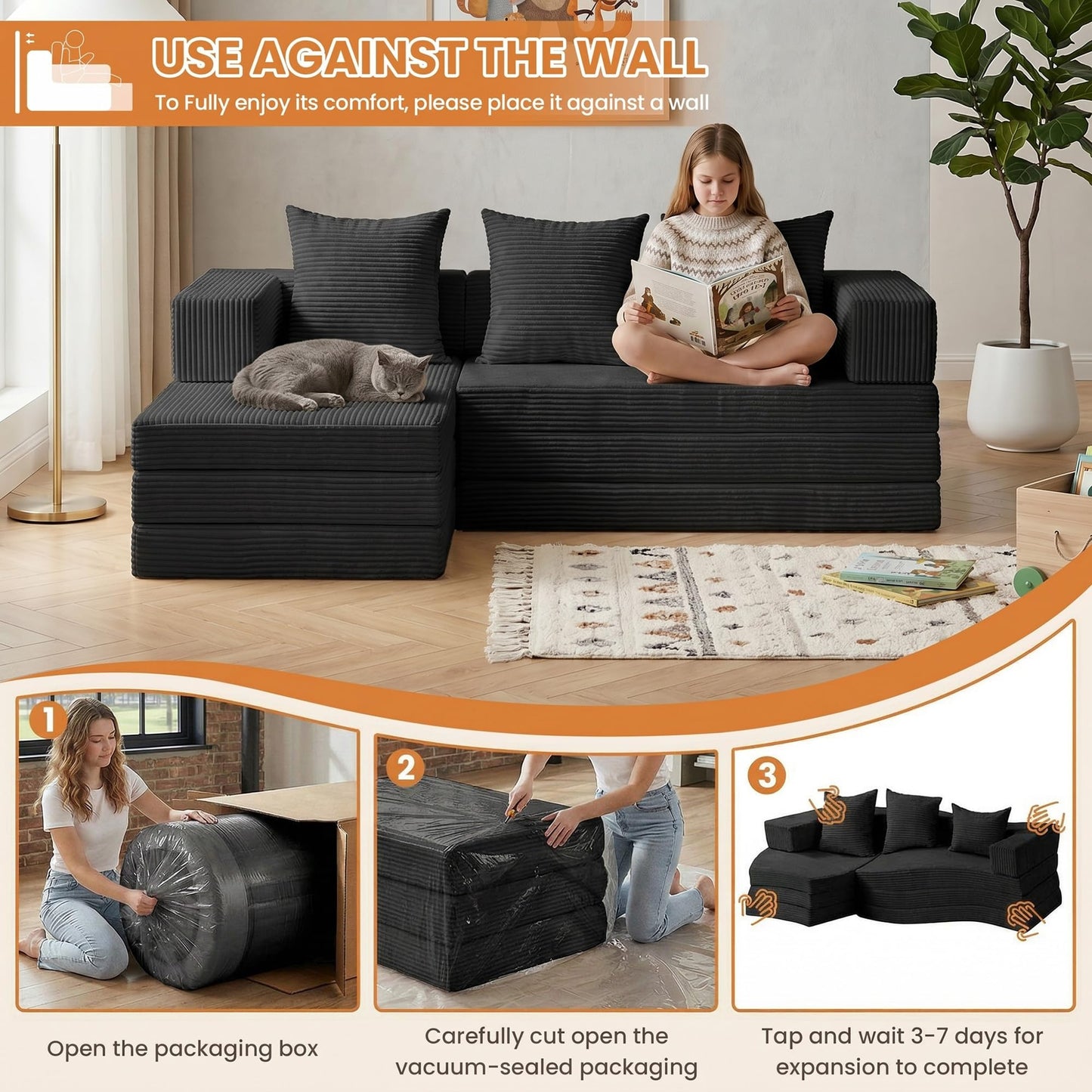 65" Boneless Couch,Convertible Sleeper Sofa Bed, Mini Modular Sectional Sofa, Modern Tri-Folding Cloud Couch with L-Shape Chaise, Corduroy Futon Couches for Small Spaces Apartment,No Assembly,Black