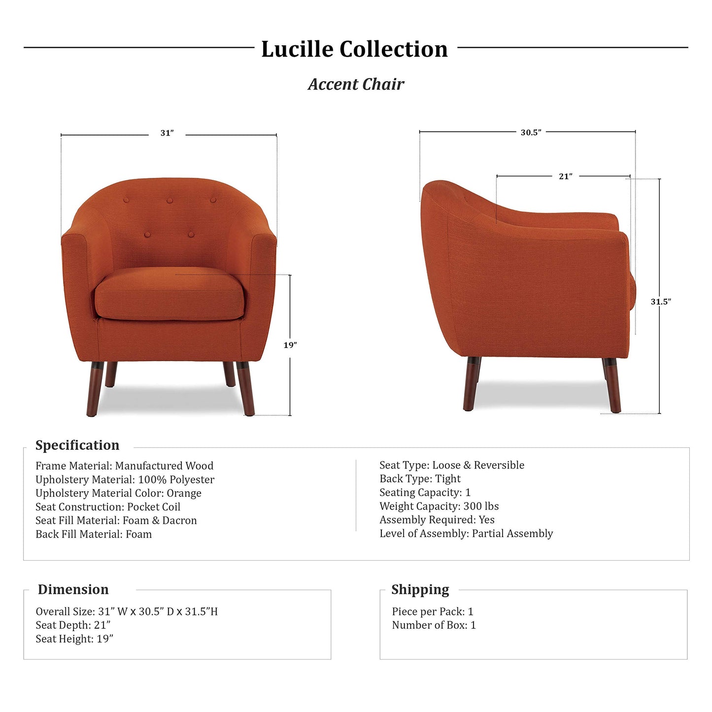 Homelegance Lucille Modern Accent Chair, Upholstered Reading Chair with Button-Tufted Back, Sloped Arms, Removable Seat Cushion Cover and Espresso Wood Legs, for Living Room, Bedroom or Office, Orange