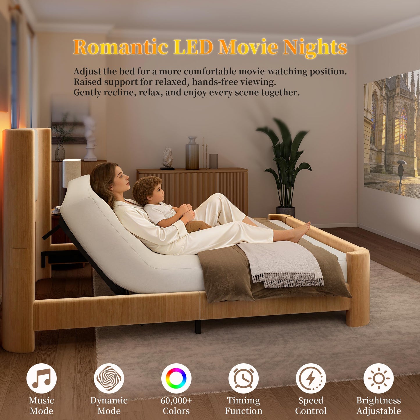 SIBEDS 18" H Full Adjustable Bed Frame with LED Light, Corduroy Headboard, Faux Leather Upholstered Platform Bed Frame, Dark Brown Oak Wood Grain Printed Finish, Zero Noise Quiet Motor, Head Incline