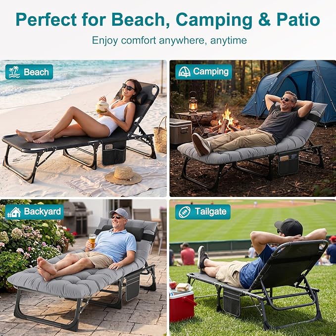ABORON Chaise Lounge Chair, 5 Positions Padded Outdoor Tanning Chair, Heavy