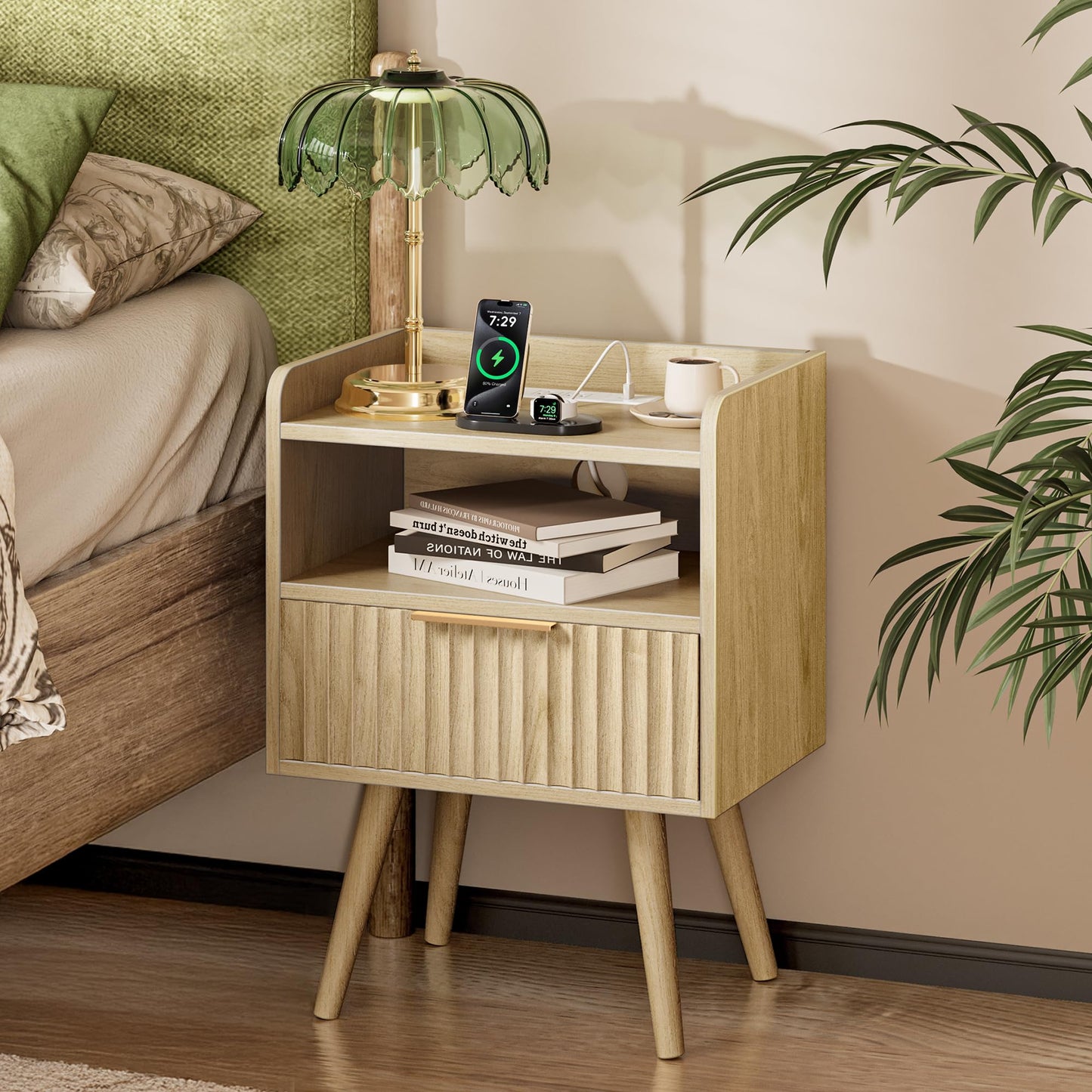Huuger Nightstand with Charging Station, USB-C Port, Fluted Night Stand with Drawer, Bed Side Table with Solid Wood Feet, Open Storage, End Table with Raised Edge, for Bedroom, Natural