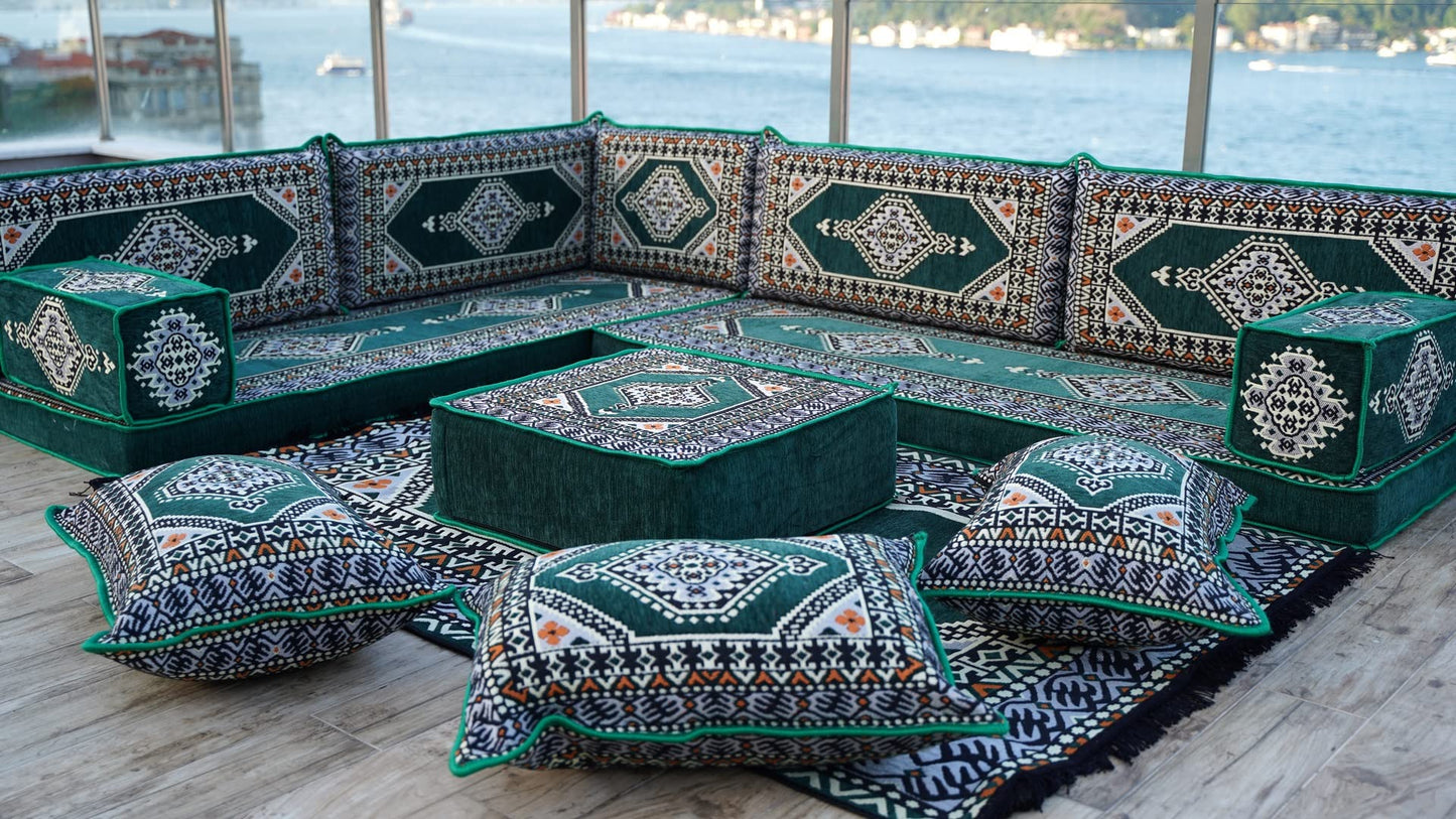 ArabicSofa L Shaped Arabic Floor Cushions, Sectional Sofa, Arabic Majlis Set, Custom Made Sofa, Green, 4'' Thickness, L Sofa Full Set