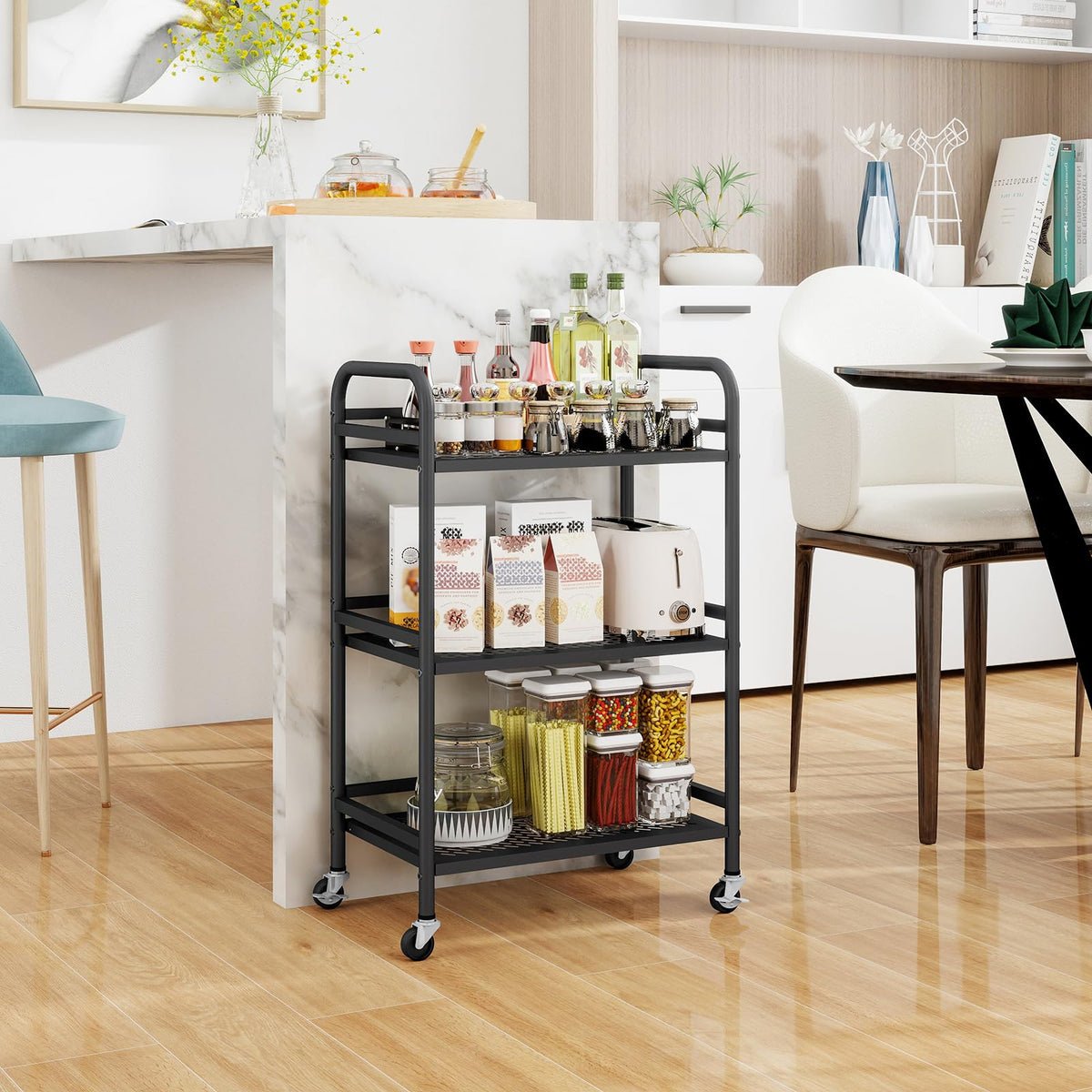 HDANI 3 Tier Rolling Cart,Heavy Duty Multifunctional Metal Frame-Supports 22 Lbs Per Tier,Mesh Rolling Cart with 2 Lockable Wheels for Office,Home,Bedroom,Kitchen,Bathroom,Black