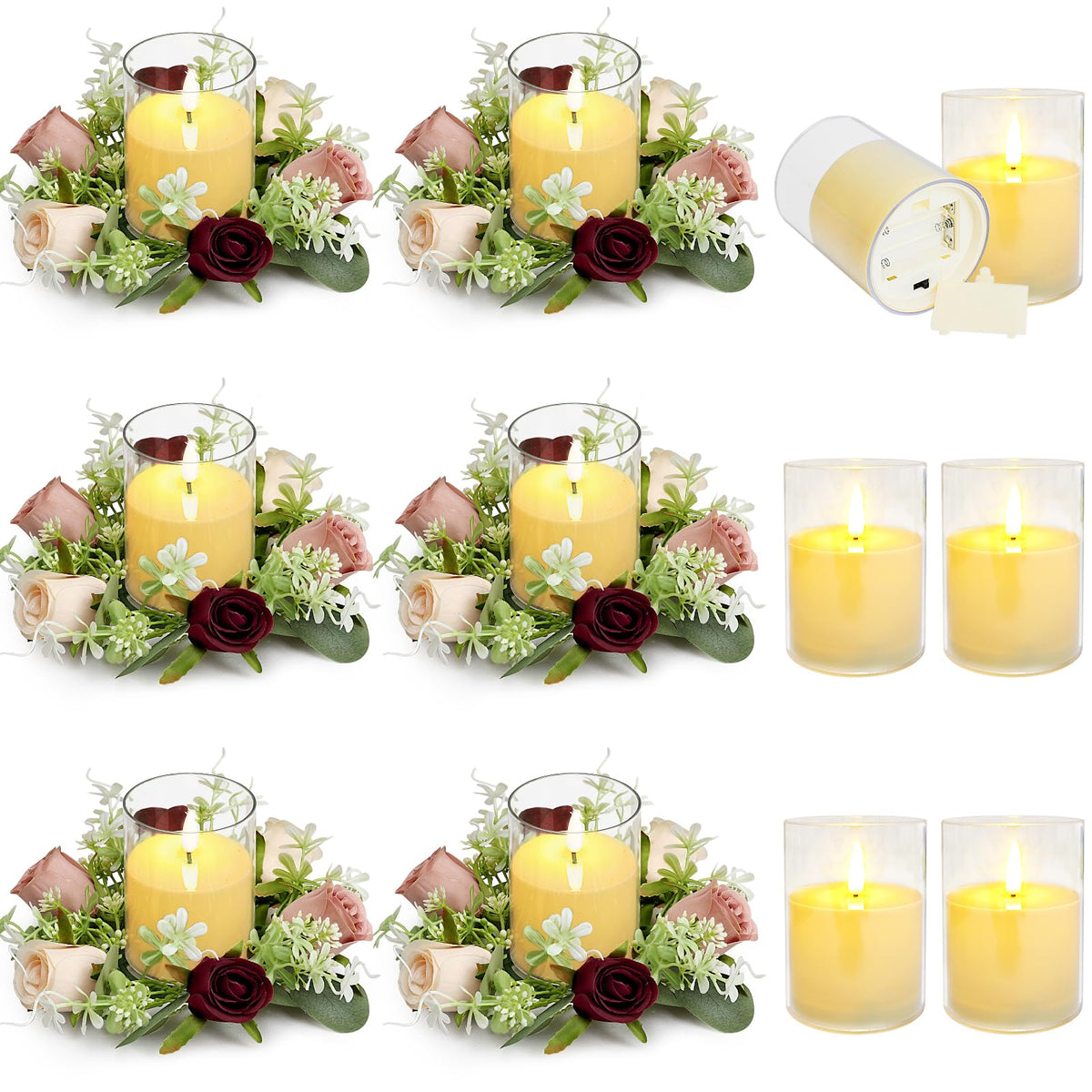Tobilu 6 Sets Rose Candle Rings Wreaths - Artificial Flowers Rings with Green Leaves LED Flameless Candles for Centerpiece Wedding Home Banquet Party Decor, Burgundy Pink Champagne