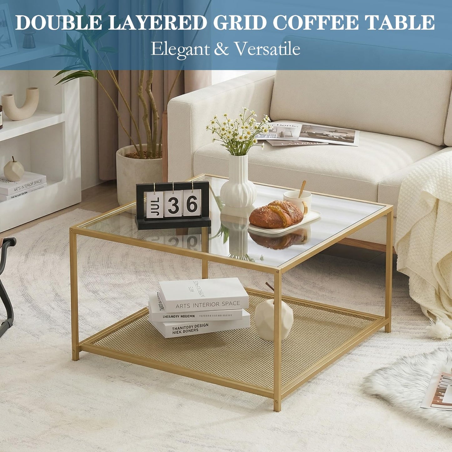 Gold Glass Coffee Table, Square Coffee Tables with Storage Shelf, Simple Tea Cocktail Modern Center Tables for Small Space, Living Room, Easy Assembly, 26 * 26in（Gold）