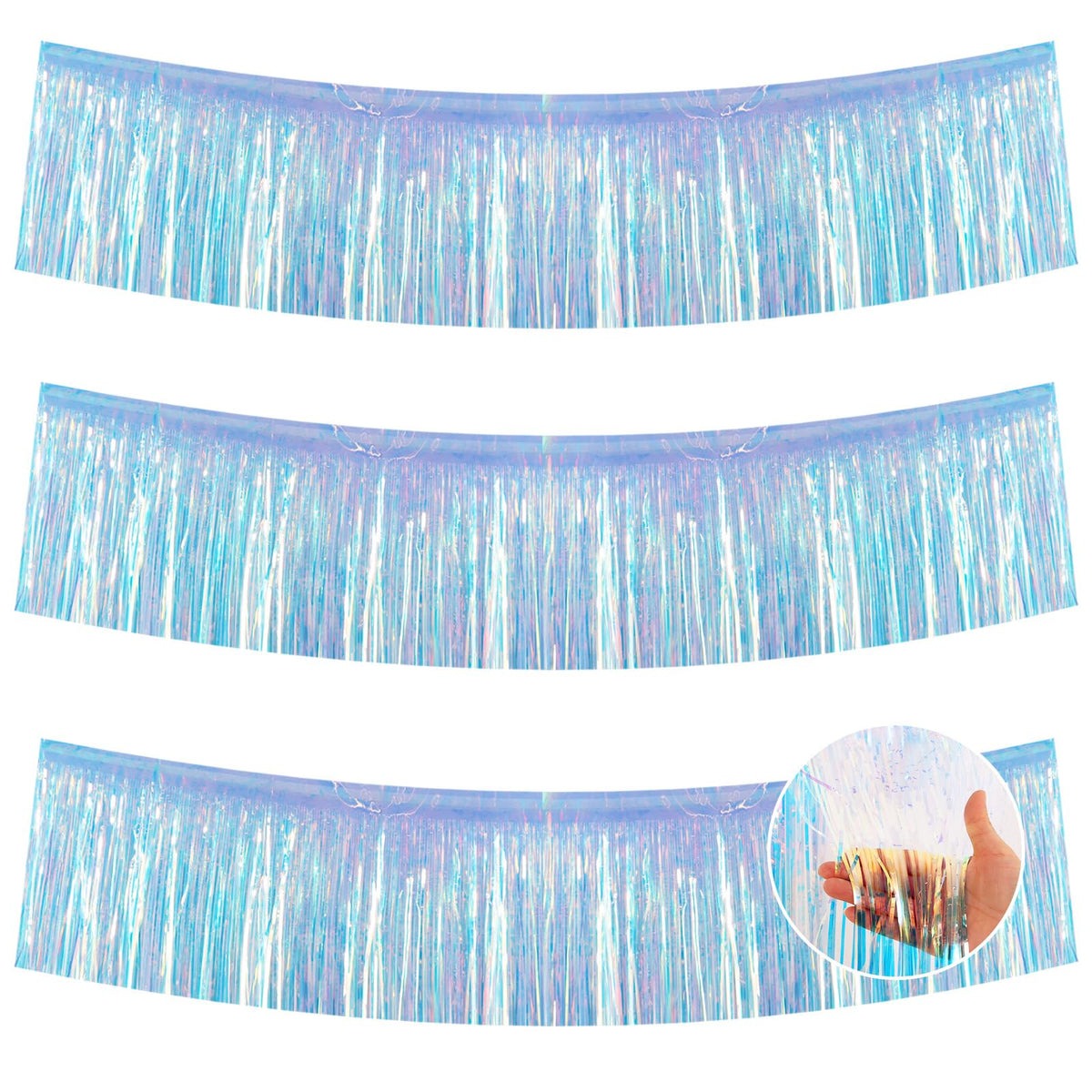 BEISHIDA 3 Packs 30 Feet Metallic Foil Fringe Garland Tinsel Streamers，Iridescent Blue Wall Hanging Tinsel Fringe Banners for Wedding Birthday Party Decoration Halloween Christmas New Year