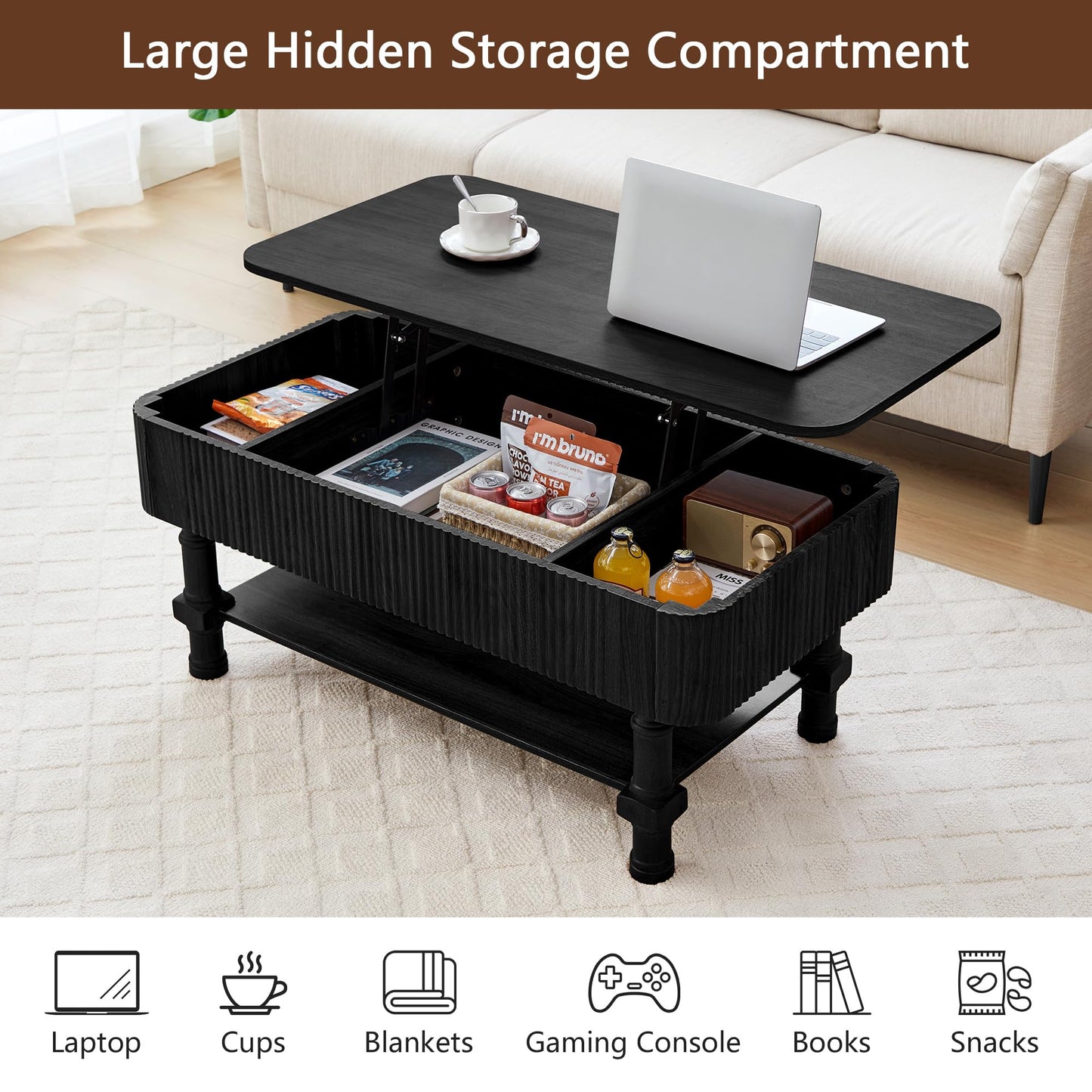 39”Large Lift Top Coffee Table with Hidden Storage Compartment,Fluted Coffee Tables Fully Assembled Wooden Center Table,Mid Century Modern Lift Tabletop Dining Table for Living Room Home Office,Black