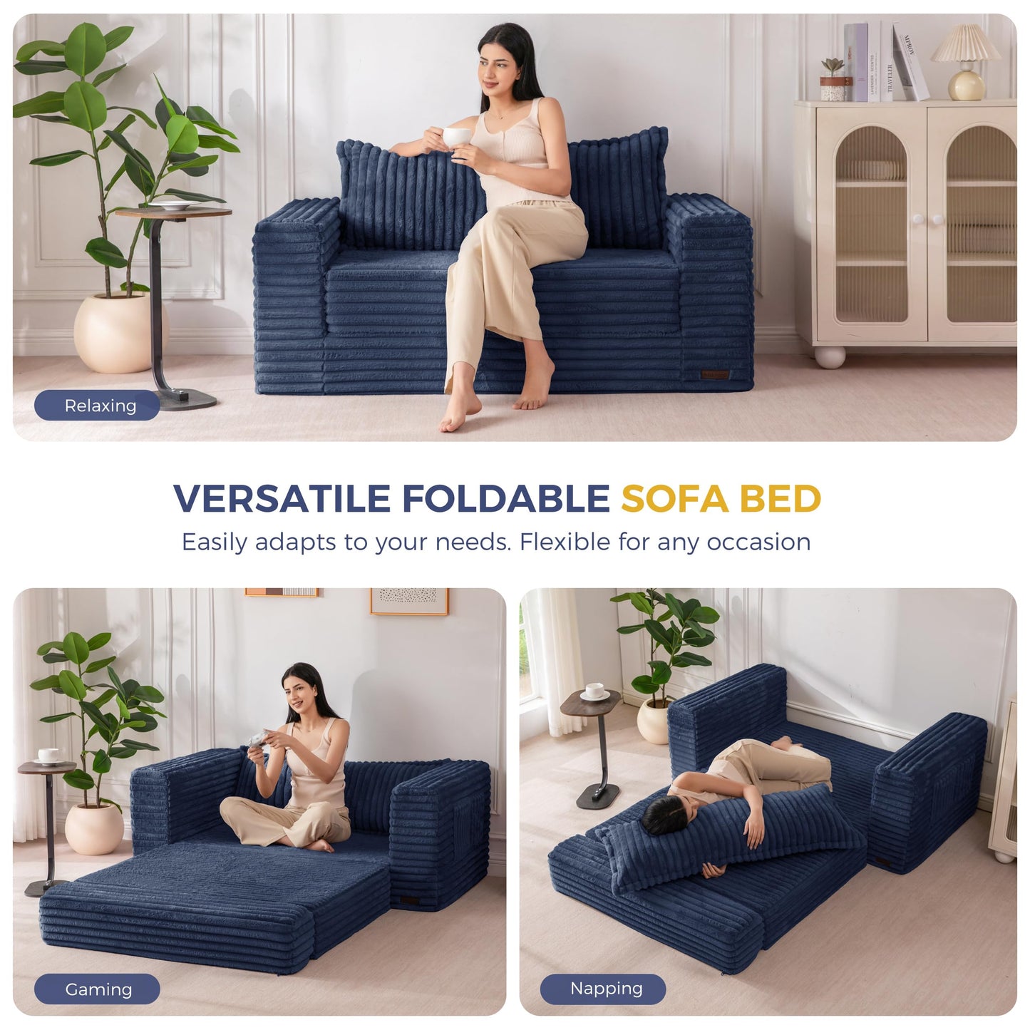MAXYOYO Convertible Sofa Bed, 2 in 1 Folding Couch Bed for Small Space, Pull Out Loveseat Sofa Couch with Large Back Pillow, Plush Faux Fabric Lounge Couch for Living Room, Apartment, Navy