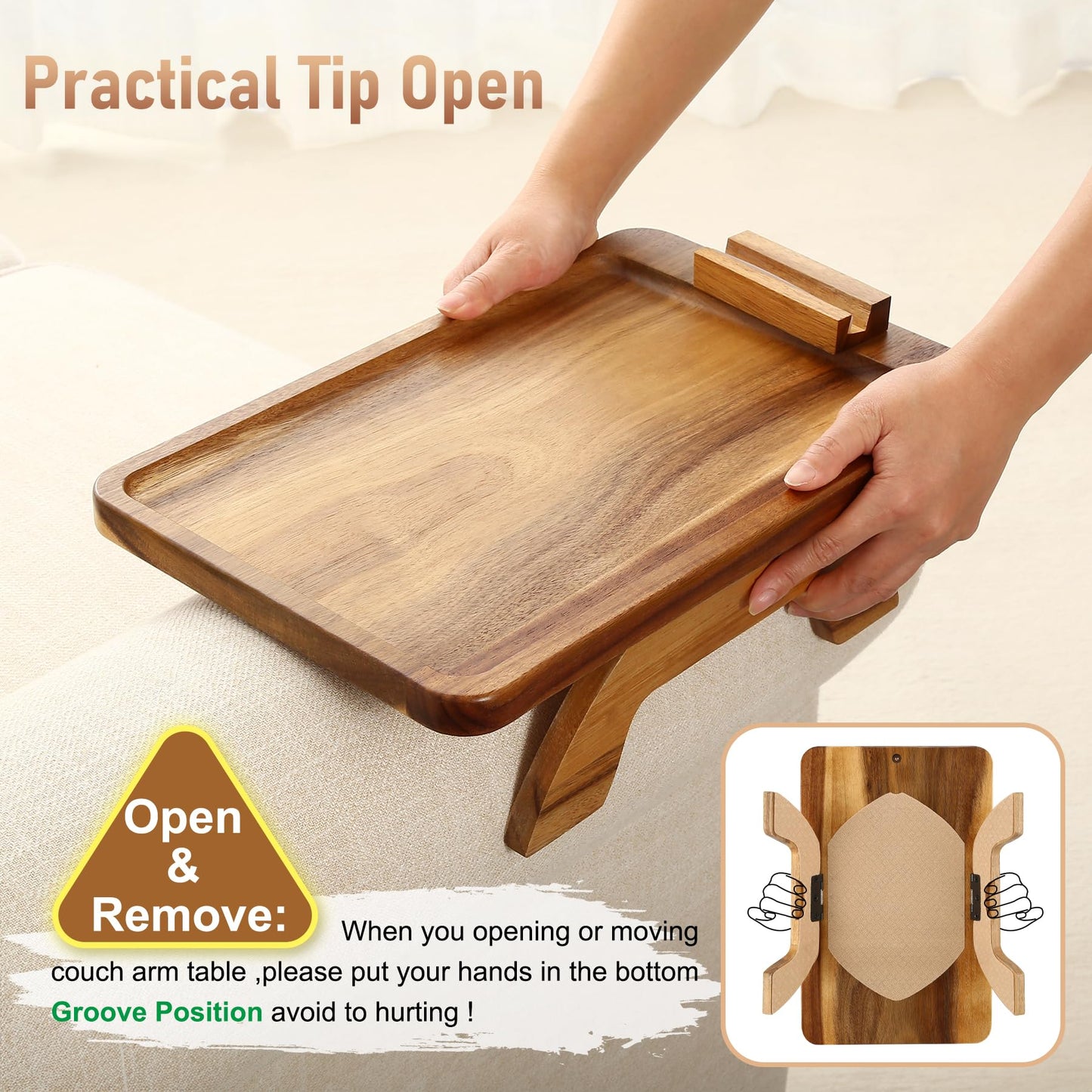 SINWANT Couch Arm Tray, Acacia Wood Sofa Arm Rest Table Clip on Wide Armrest,Folding Anti Slip Couch Armrest Table with 360° Rotating Phone Holder for Snacks,Drinks,Remotes