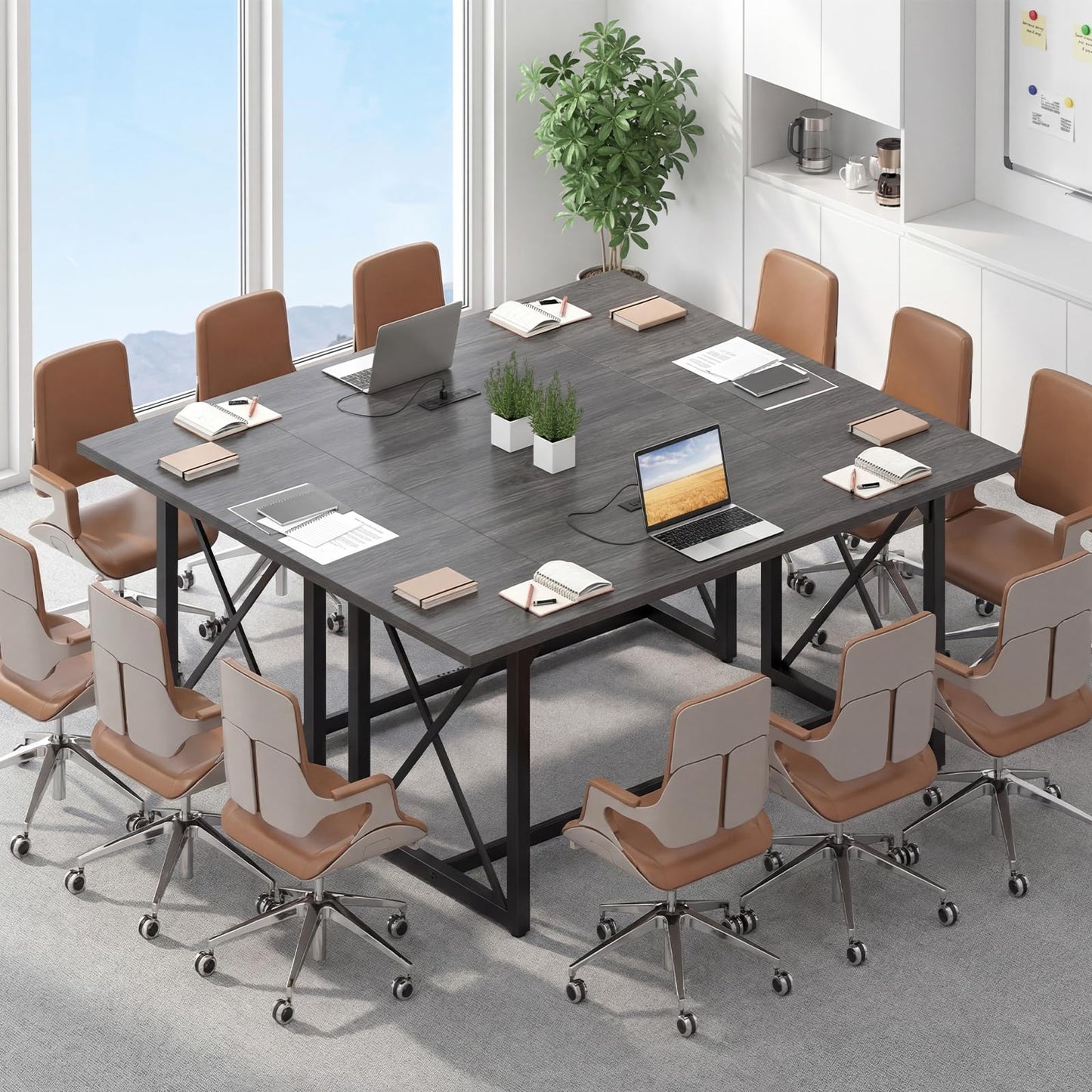 Giantex 6FT Conference Table with Power Outlets, Large Rectangle Meeting Table for 6-8 People, Modern Seminar Boardroom Table w/Stable Metal Frame, Computer Desk for Office Conference (Grey Oak,1)