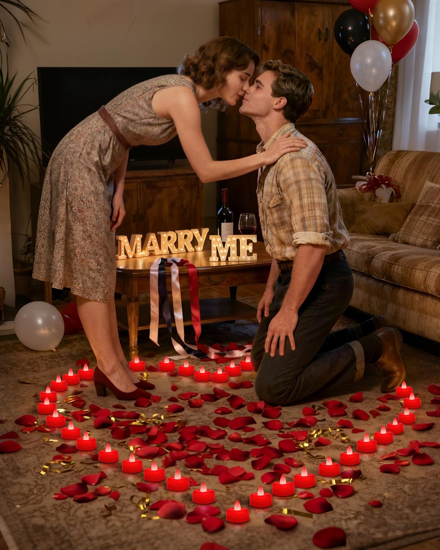 Amagic 2000 Pieces Red Artificial Rose Petals with 24 Red Heart LED Tea Lights, Rose Petals and Candles Set for Proposal, Anniversary, Romantic Night, Wedding Decor