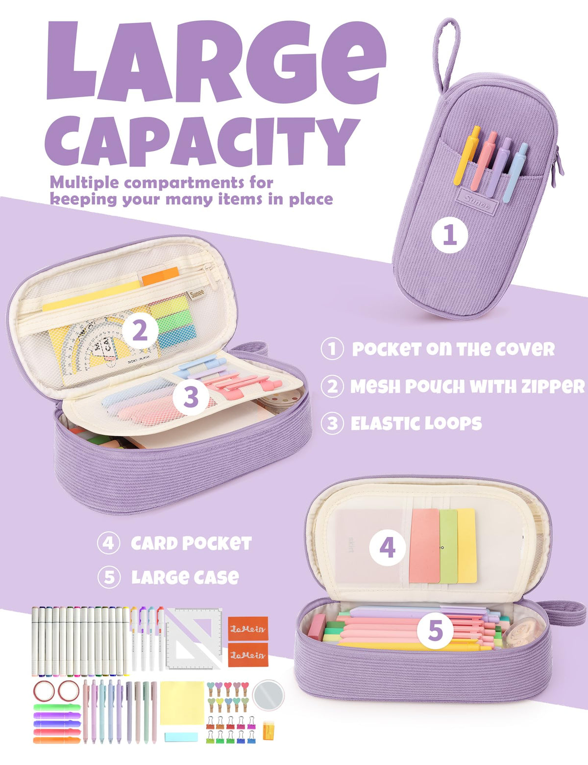 SUNEE Cute Pencil Case, Large Pencil Pouch, Soft Corduroy Fabric Big Pencil Bag with Zipper, Kawaii Pen Bag Stationery Storage and Organizer, School Supplies for Teen, Student, Boys,Girls, Soft Purple