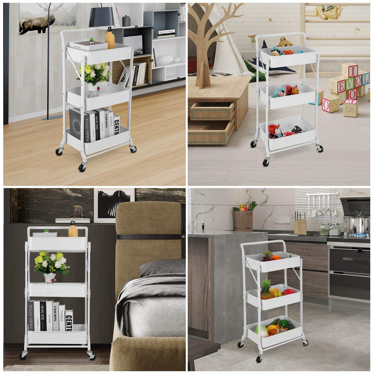 johgee Foldable 3 Tier Metal Utility Rolling Cart, Folding Mobile Multi-Function Storage Trolley Organizer Cart for Home Library Office(White)