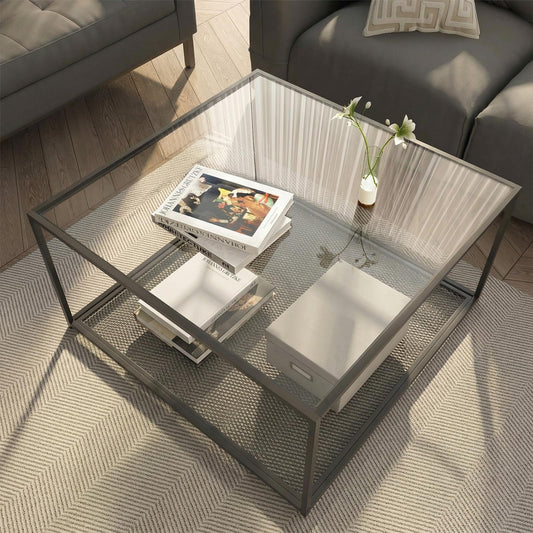 Black Glass Coffee Table, Square Coffee Tables with Storage Shelf, Simple Tea Cocktail Modern Center Tables for Small Space, Living Room, Easy Assembly, 26 * 26in（Black）