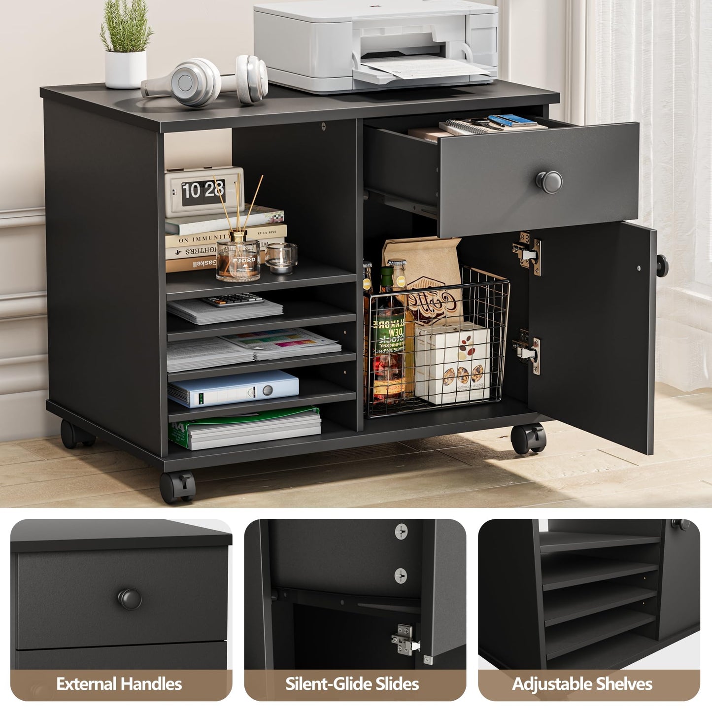 Quikraen Wooden Rolling File Cabinet Black Mobile Lateral Office Filing Cabinets with Doors and Open Adjustable Shelves Lateral Printer Stand with Drawer for Office Supplies