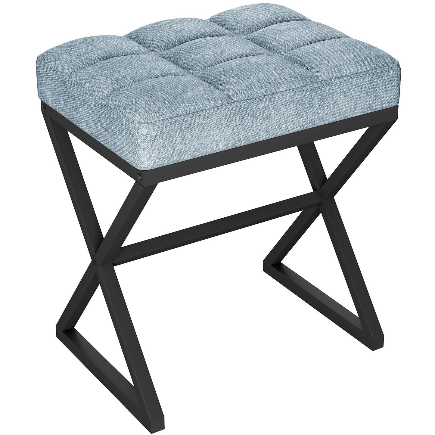 YMYNY Vanity Stool, Linen Footrest Stool, Ottoman Bench with X-Shaped Metal Legs, Makeup Dressing Stool for Vanity, Living Room, Bedroom, Entryway, Hallways 15.74"D×11.81"W×18.11"H Blue Gray UHBD033L
