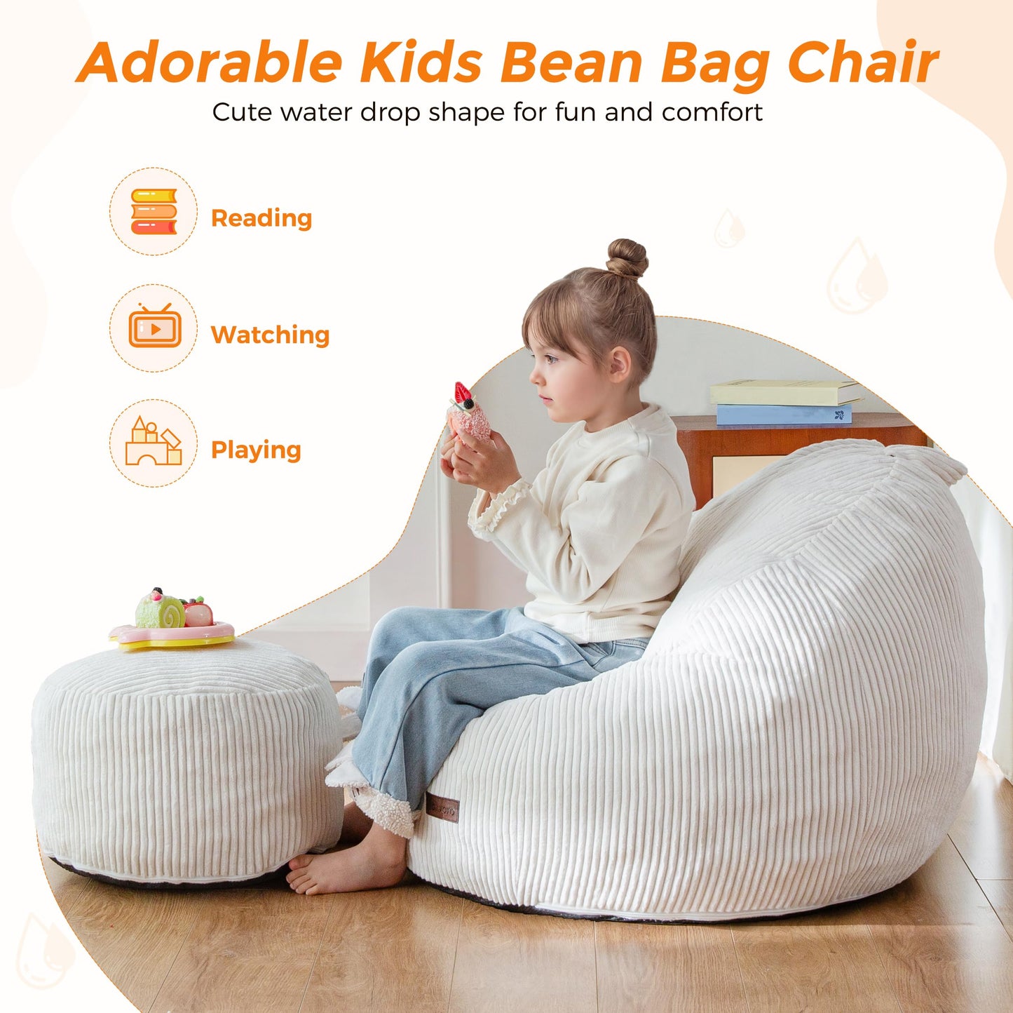 MAXYOYO Kids Bean Bag Chair with Ottoman, Soft Plush Bean Bag Sofa with Removable Cover for Boys and Girls, Convenient Floor Seat with Handle, Comfy Toddler Lounge Chair for Playroom, Bedroom, Beige