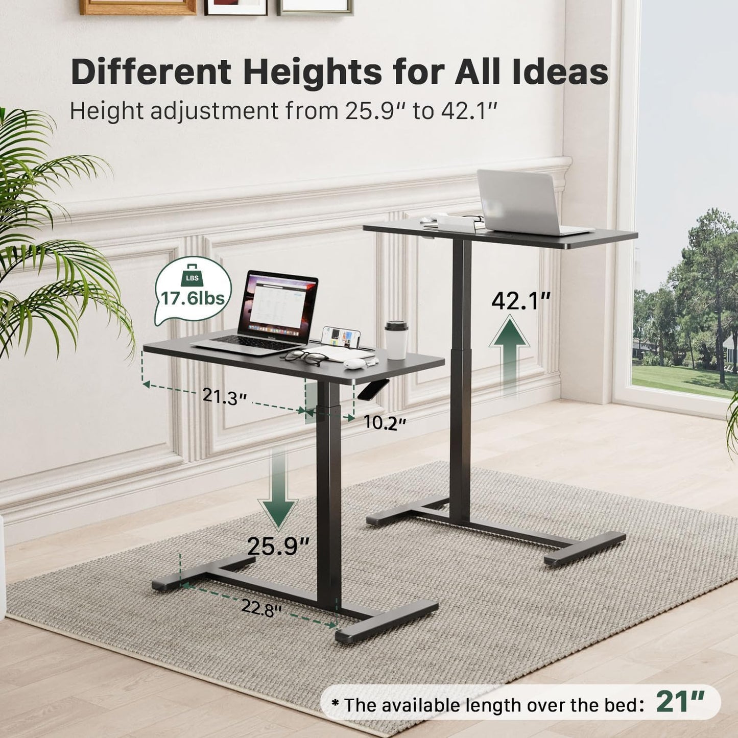 Gibbon Mounts Mobile Standing Desk, Pneumatic Adjustable Rolling Desk(31.5 Inches), Portable Laptop Desk with Wheels, Overbed Bedside Table Laptop Table for Couch, Home, Office, Black