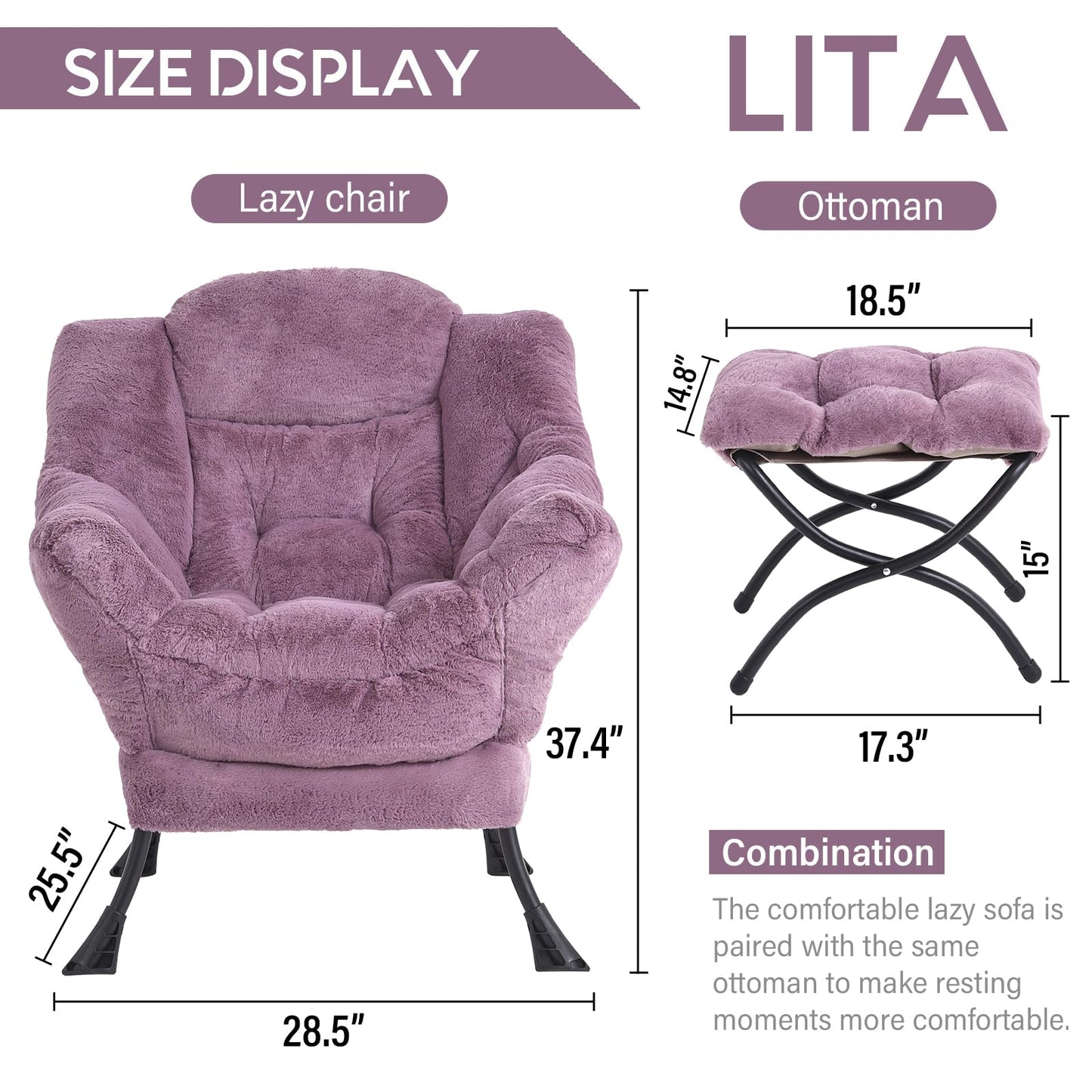 LITA Lazy Chair with Ottoman, Modern Accent Leisure Upholstered Sofa Chair, Lounge Reading Chair with Armrests and a Side Pocket for Living Room, Bedroom & Small Space