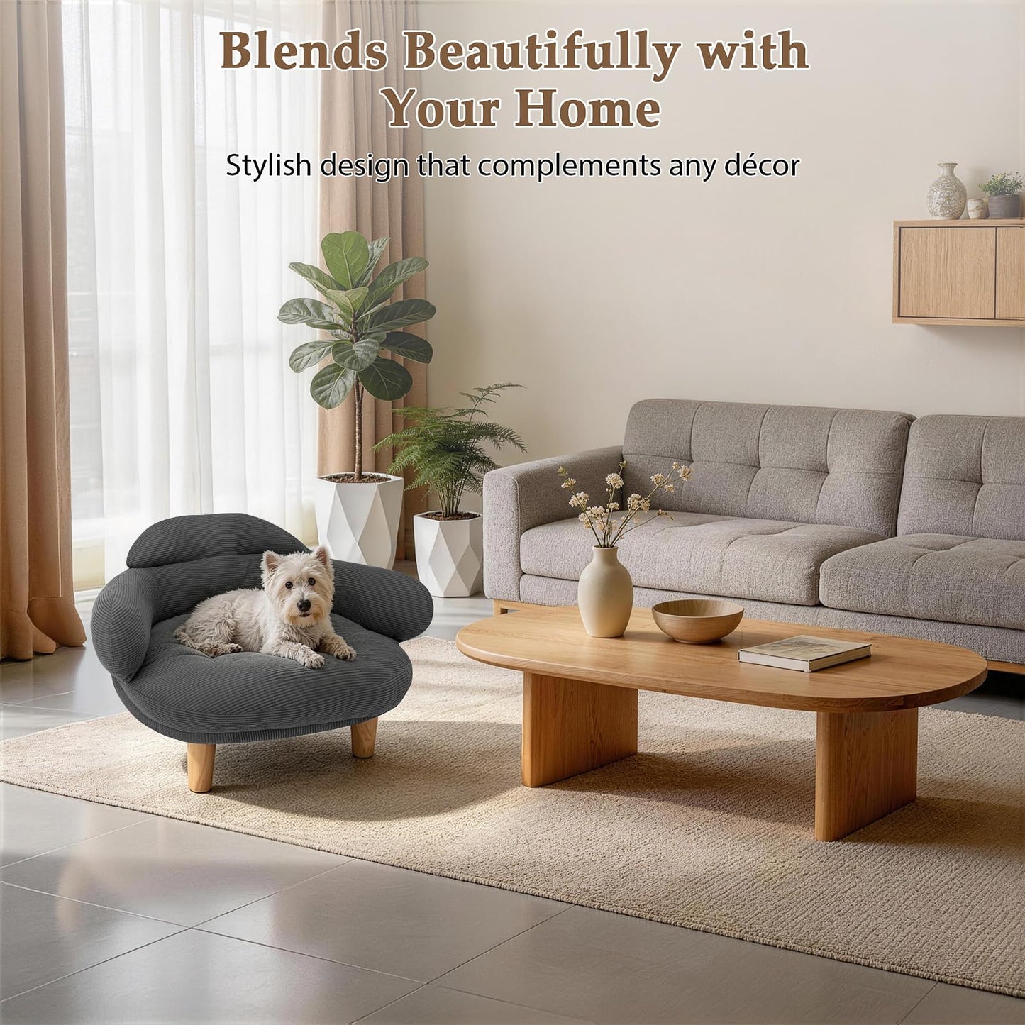 Famifit Cat Sofa Furniture-Style Pet Bed with Removable Cotton Velvet Cover, Solid Pine Wood Legs, for Cats and Small Dogs, Gray