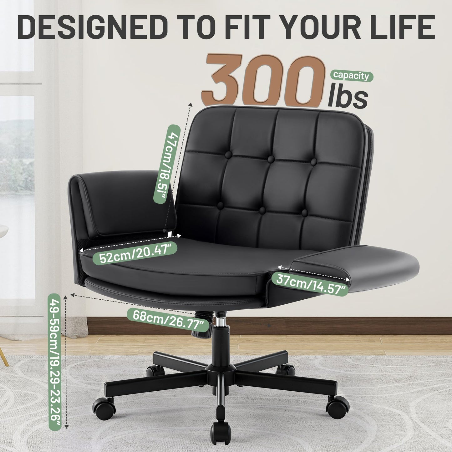 Hayelf Criss Cross Chair with Wheels - PU Leather Comfy Wide Seat Criss Cross Desk Office Chair with Armrests - Comfortable Swivel Rolling Tilting Vanity Chair with Back for Home Office Makeup Bedroom