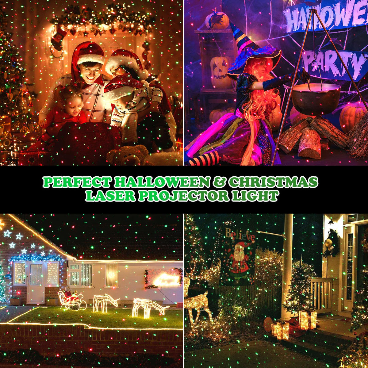 Laser Christmas Lights, Moving Starry Lights Show Laser Projection Light with Red and Green Stars, Outdoor Waterproof Holiday Decor for Party Garden Halloween Christmas New Year